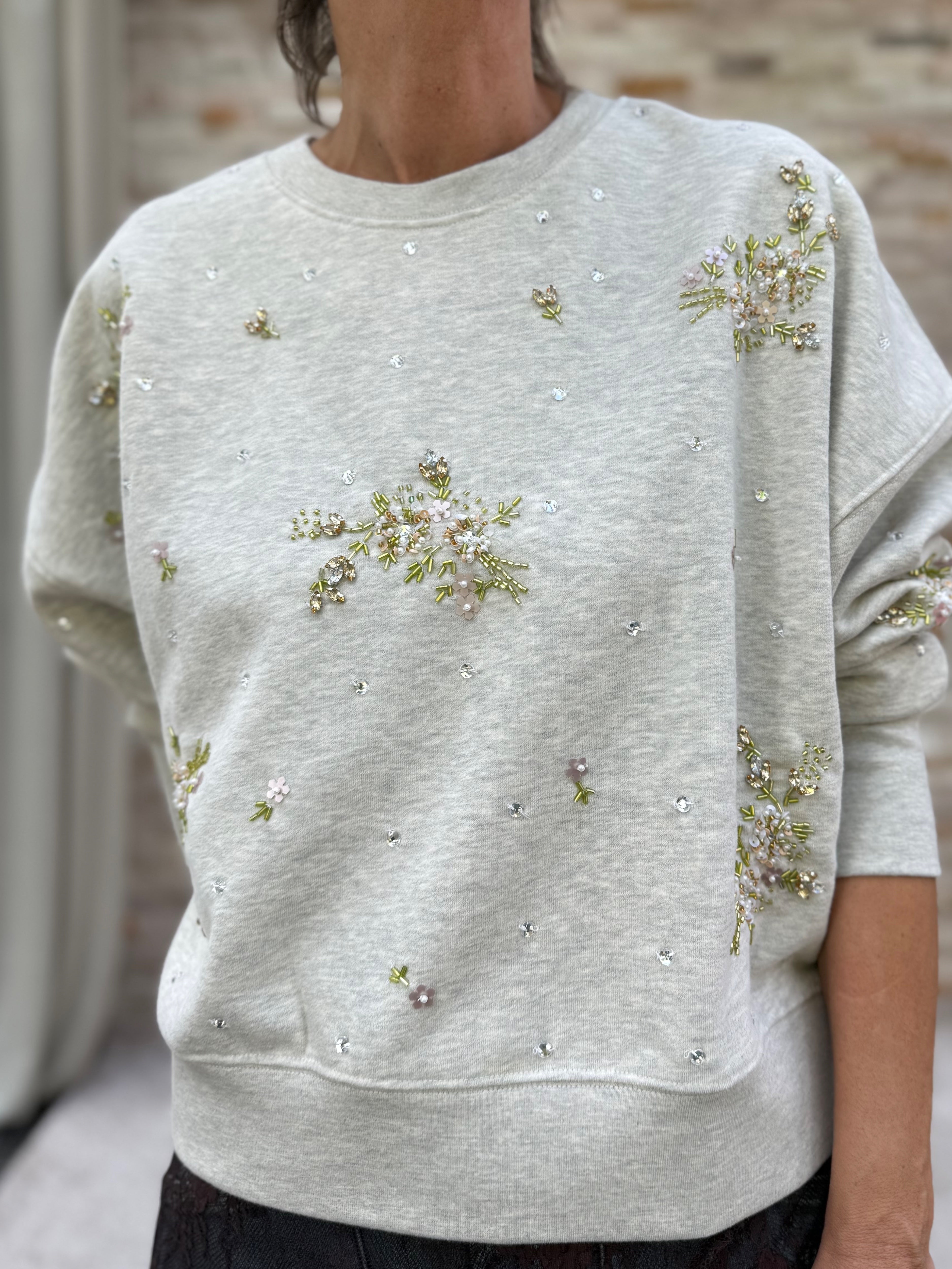 Sweatshirt mit Perlen- und Paillettenstickerei Light Beige Melange