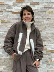 Wolle-Blouson ROME mit Logo Print in Braun-Creme