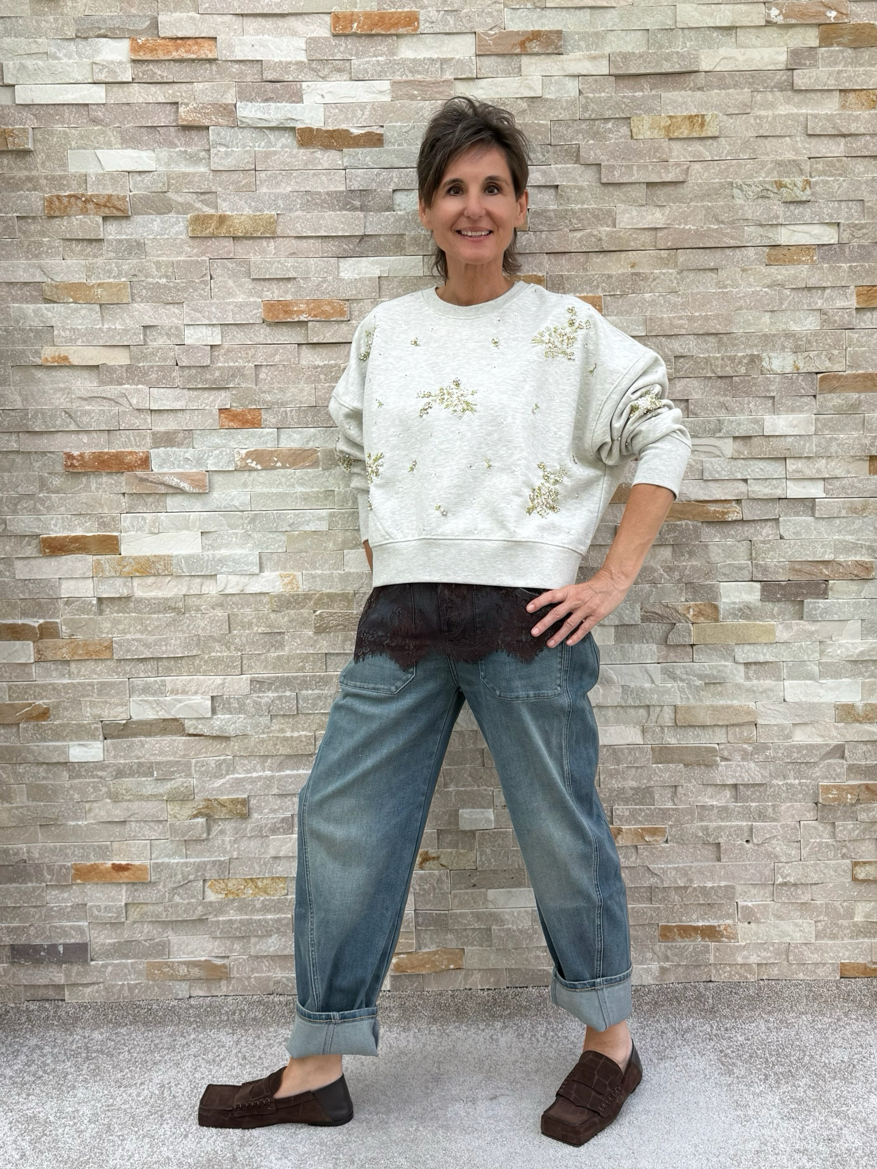 Sweatshirt with pearl and sequin embroidery Light Beige Melange