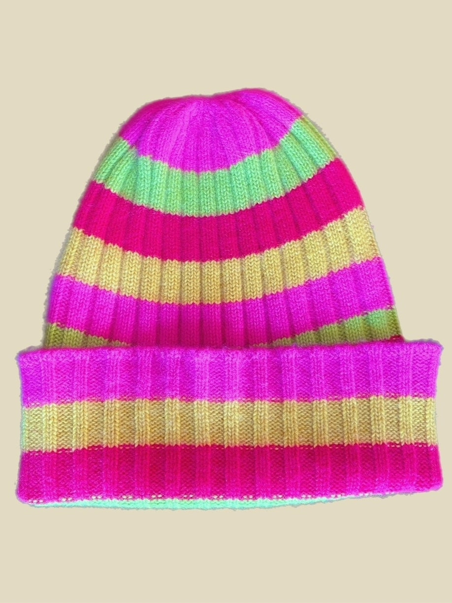 Mütze Beanie 100% Cashmere mit bunten Streifen