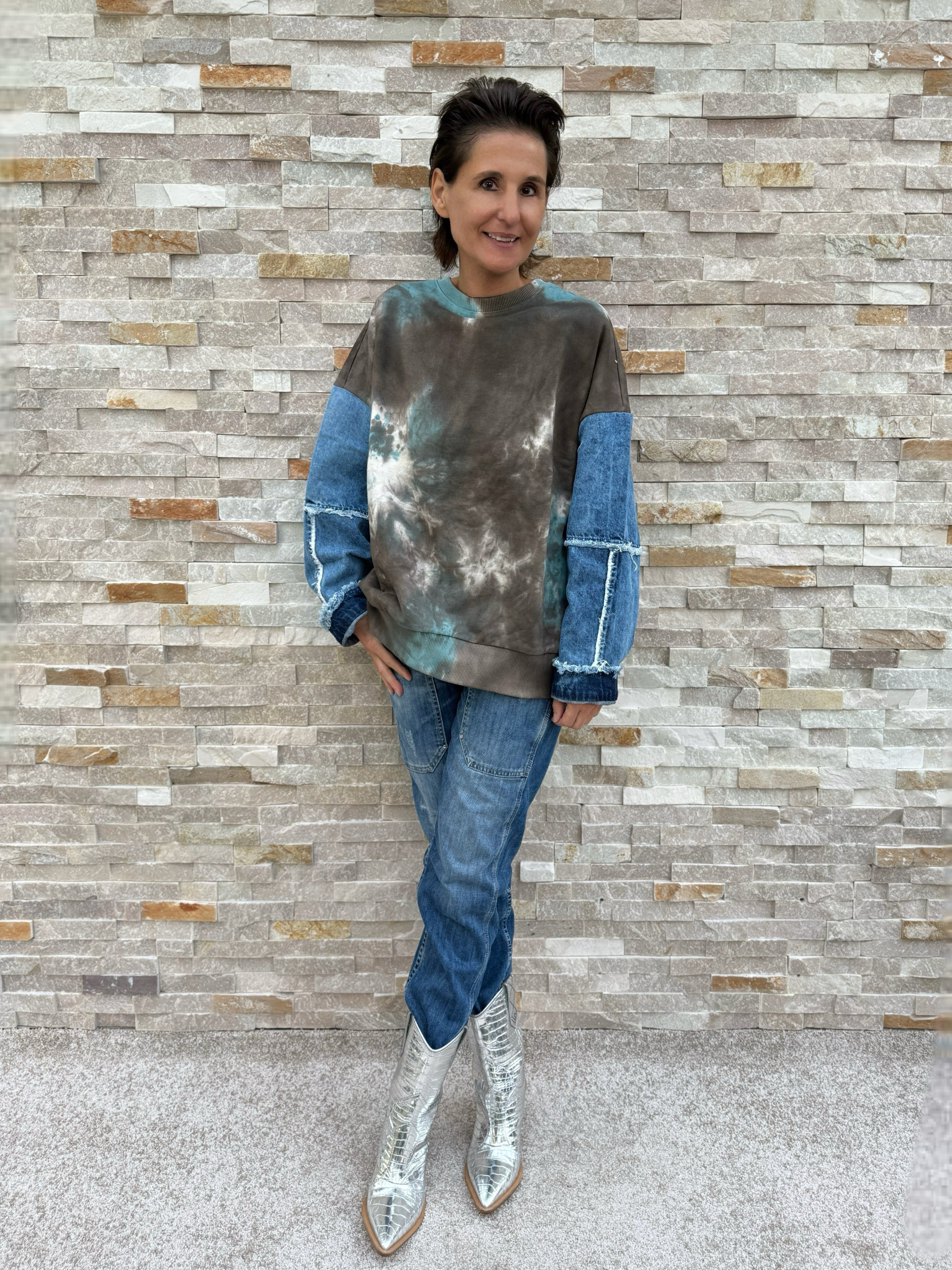 Batik Sweatshirt mit Denim Ärmel Braun-Grün