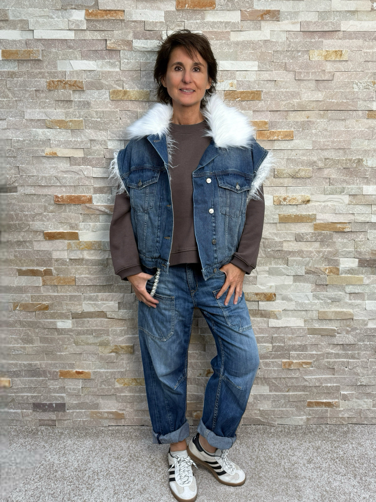 Oversize Denim Vest with Faux Fur in Denim Blue
