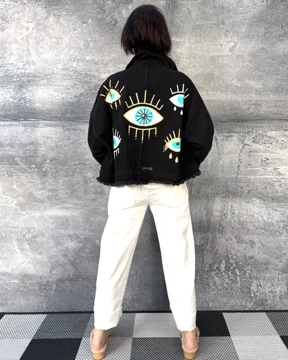 Kurze Jeansjacke Eyes in Schwarz
