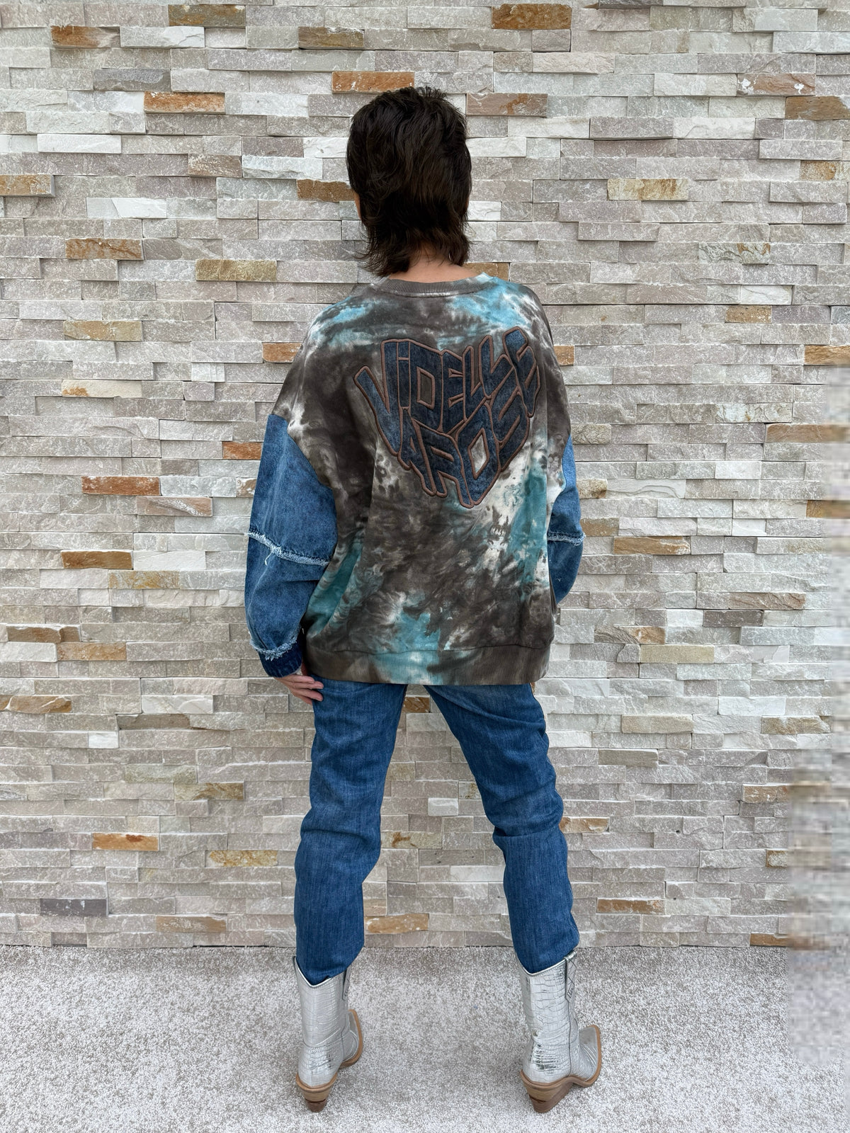 Brown-Green Batik Sweatshirt with Denim Sleeves