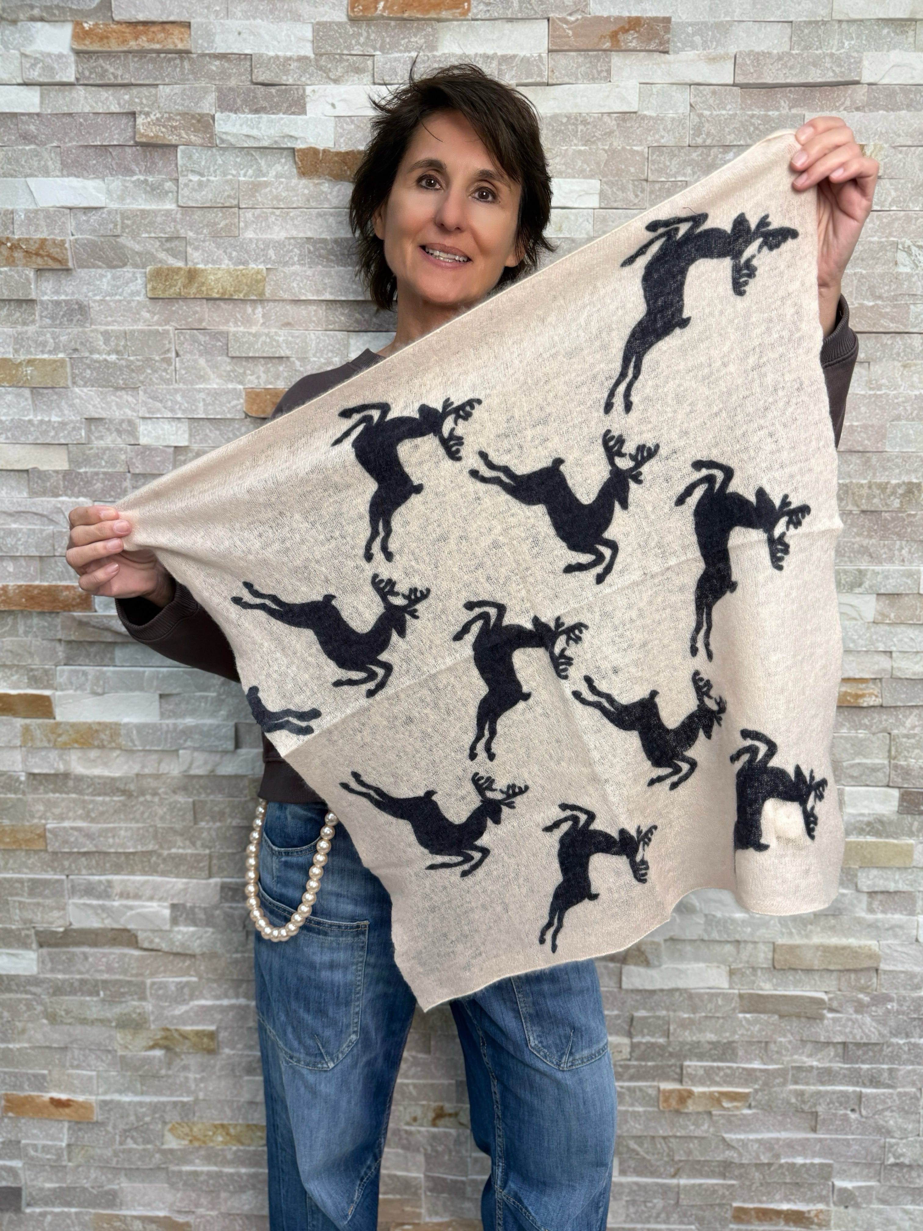 Cashmere Bandana Hirsch Motiv in Nude-Schwarz