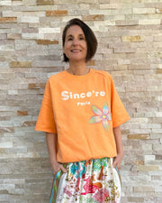 Sweatshirt mit Halbarm Blumenstickerei in Orange