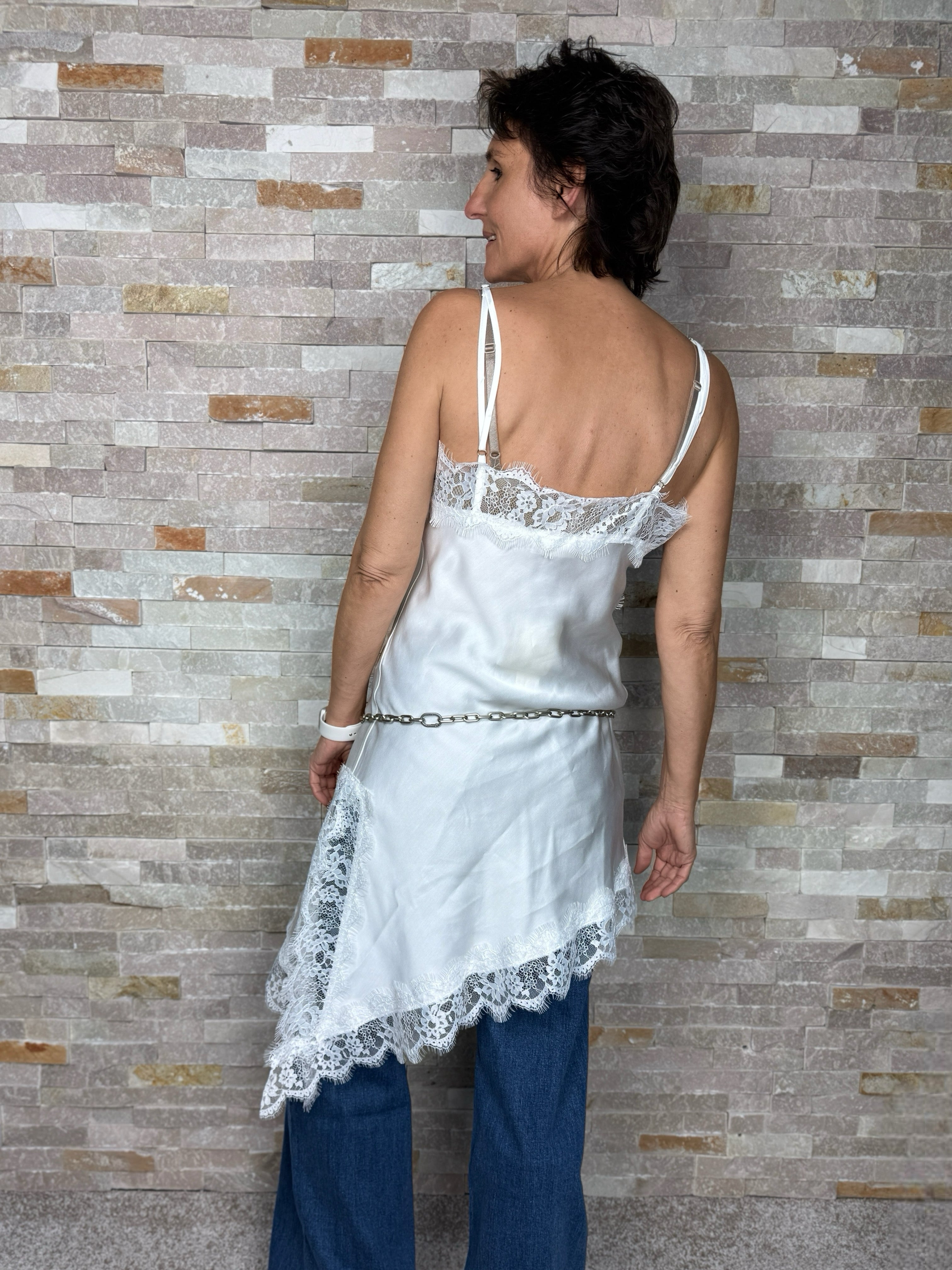 Viscose Lace Top with Asymmetric Hem Off-White