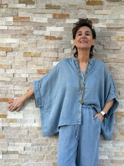 Oversized Poncho Bluse SADIE in Greek Blue