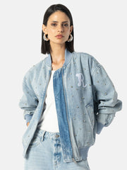 Jeans Blouson mit Strass-Steinen Allover in Hellblau