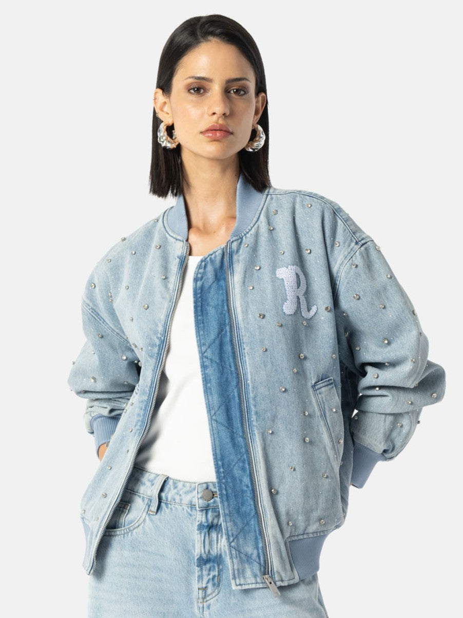 Jeans Blouson mit Strass-Steinen Allover in Hellblau