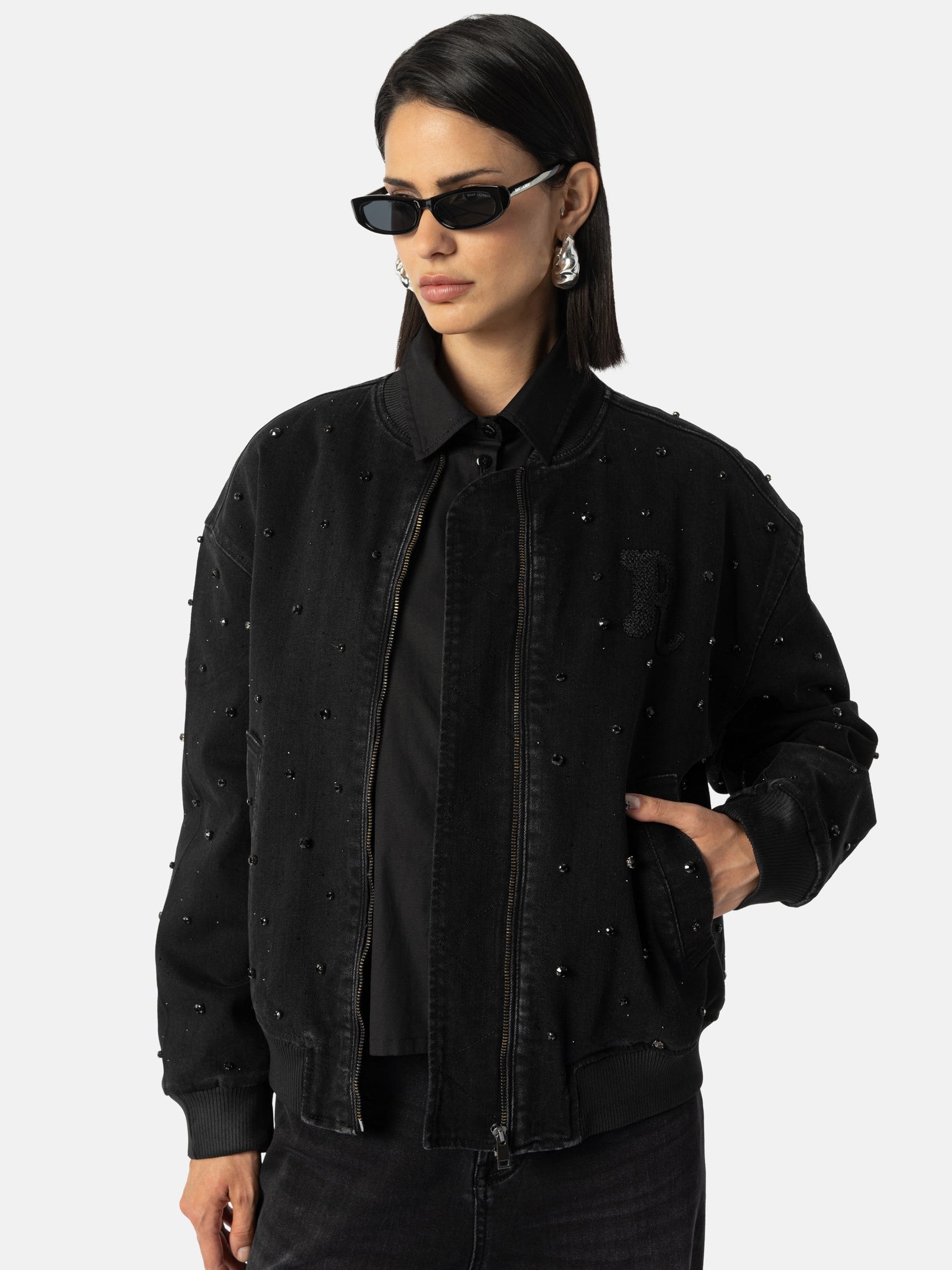 Jeans Blouson ISLA mit Strass-Steinen Allover in Schwarz