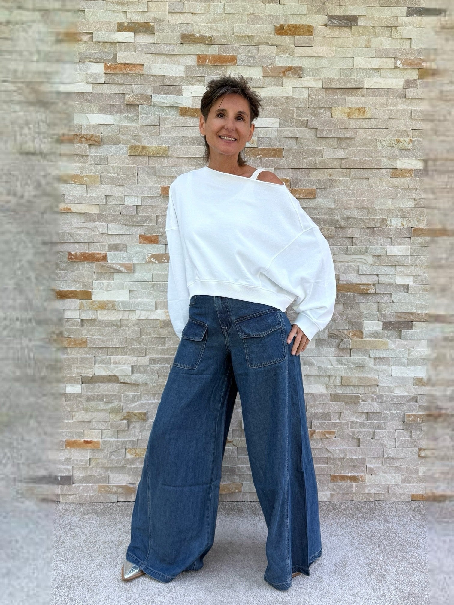 Wide Leg Jeans TRIS with patch pockets in whale bay blue