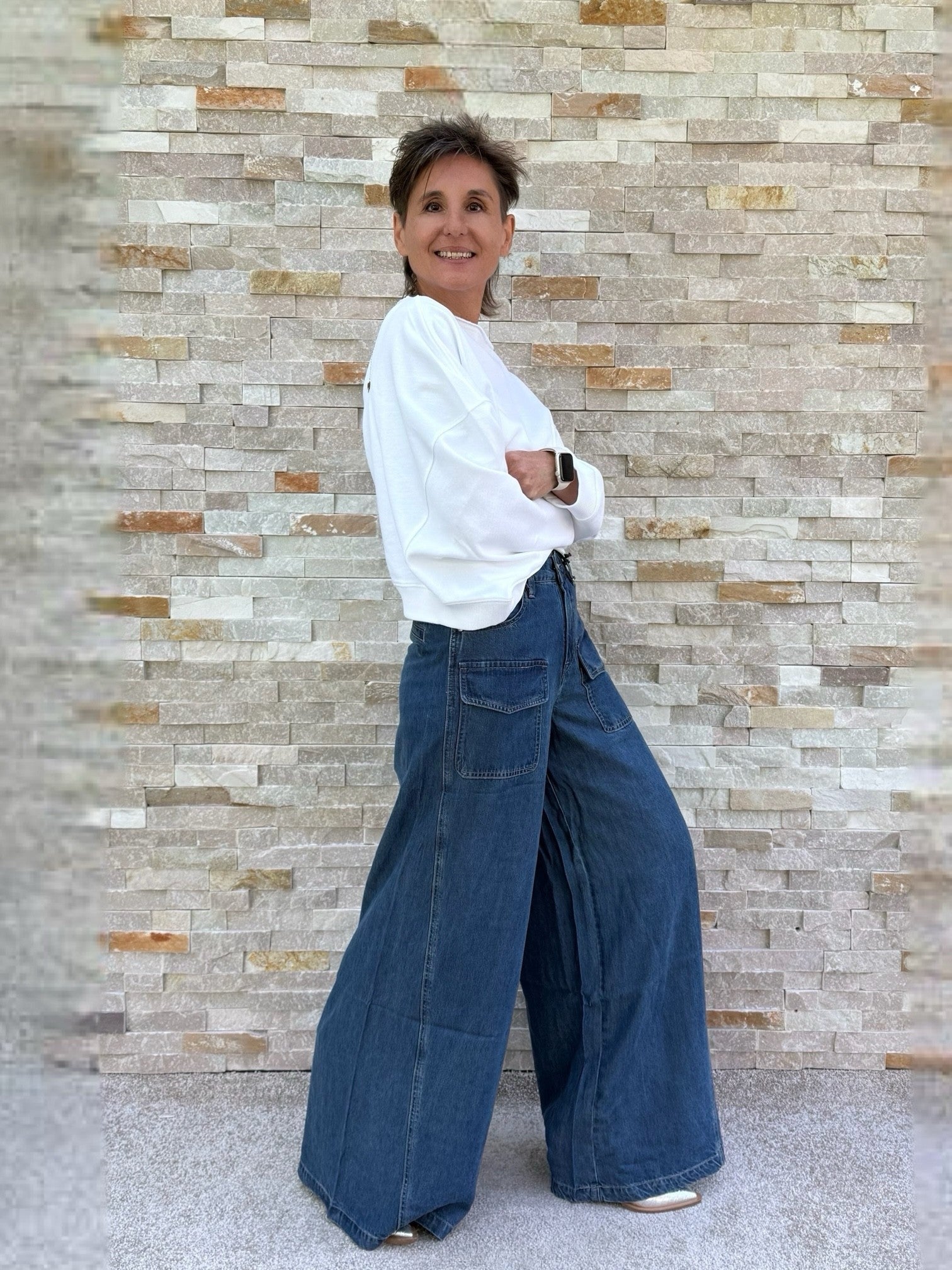 Wide Leg Jeans TRIS with patch pockets in whale bay blue