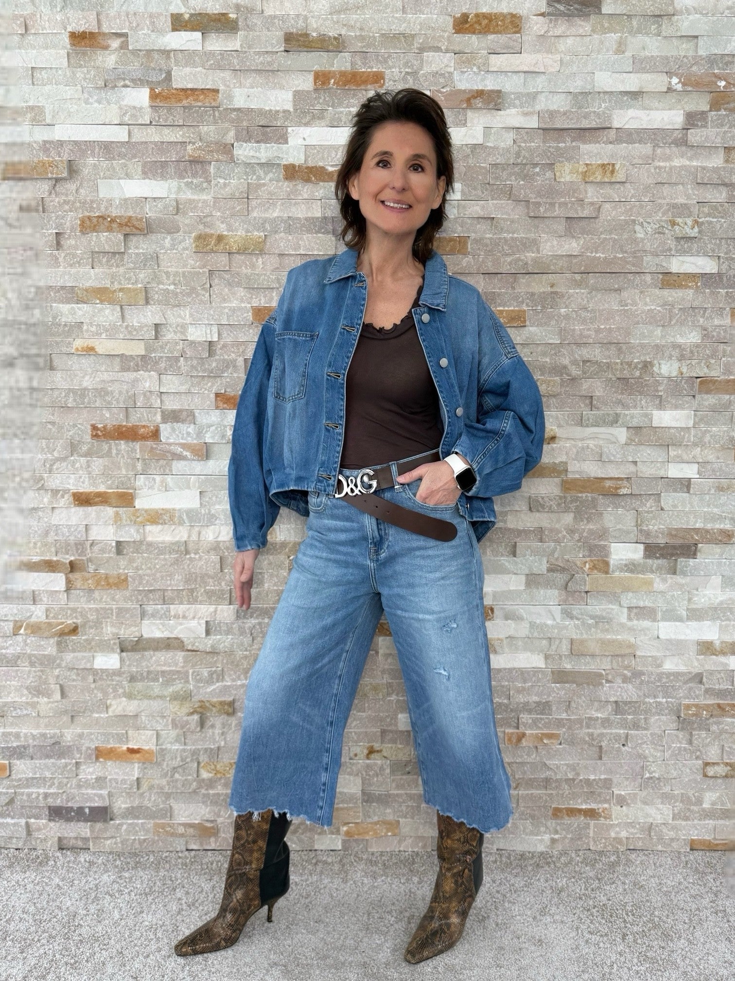 3/4 wide Leg Jeans ER LINA cropped length in mount blue