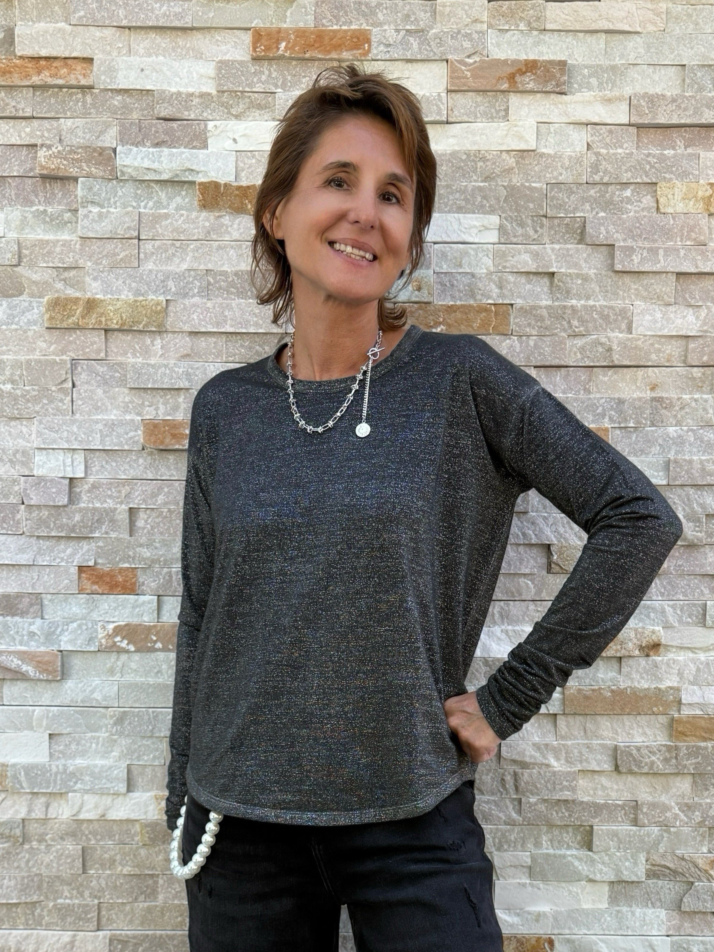 Langarm Lurex Shirt ALANIA mit Rundhals Schwarz