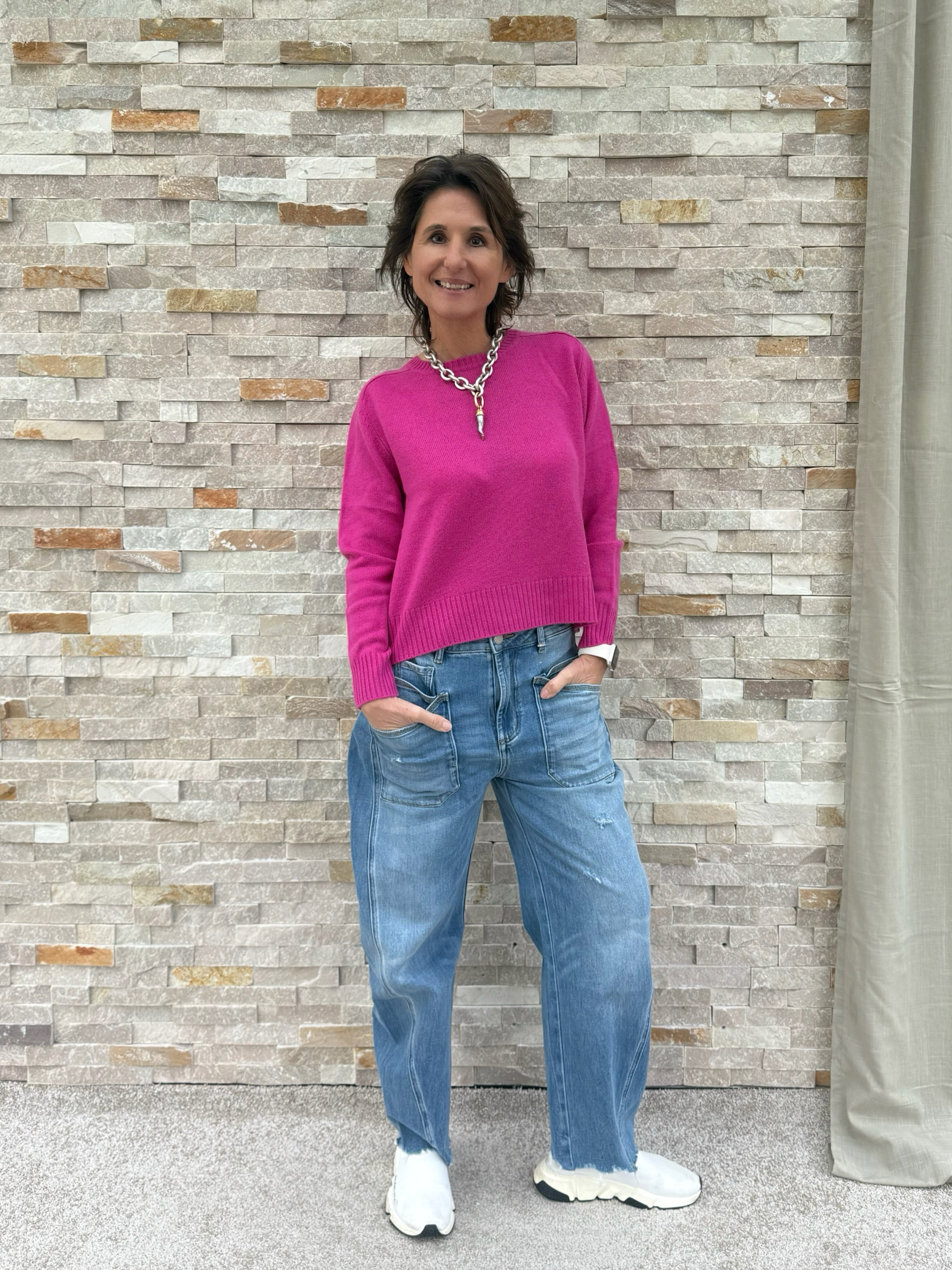 Kurzer Cashmere Pullover in Fuchsia
