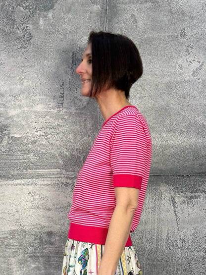 Streifen Pullover mit Halbarm Pink-Rosa