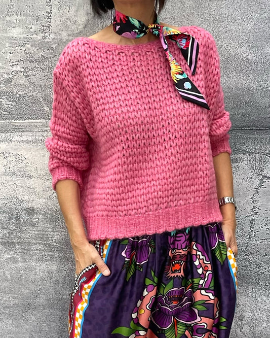 Kurzer Pullover mit großen Maschen Rosa