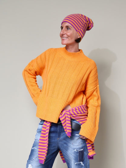 Mütze Beanie mit Streifen Orange-Lila