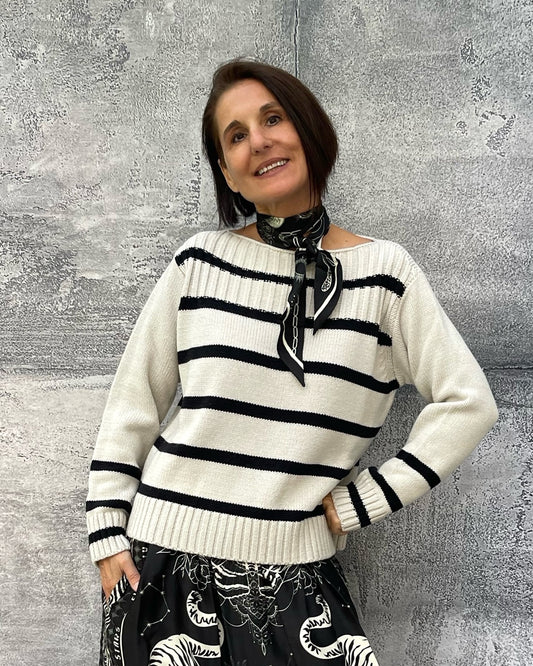 Streifen Pullover mit U-Boot Ausschnitt Hellbeige-Schwarz