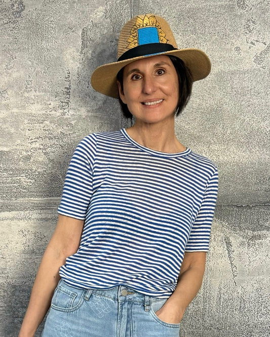 Streifen T-Shirt Leinen/Viskosein in Blau-Ecru
