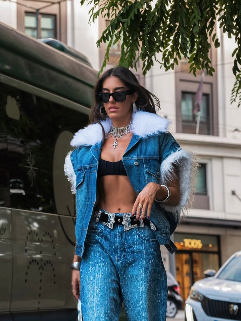Oversize Denim Vest with Faux Fur in Denim Blue