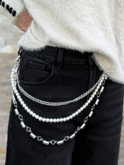 Hosenkette Kette mit Federn und Perlen Silber