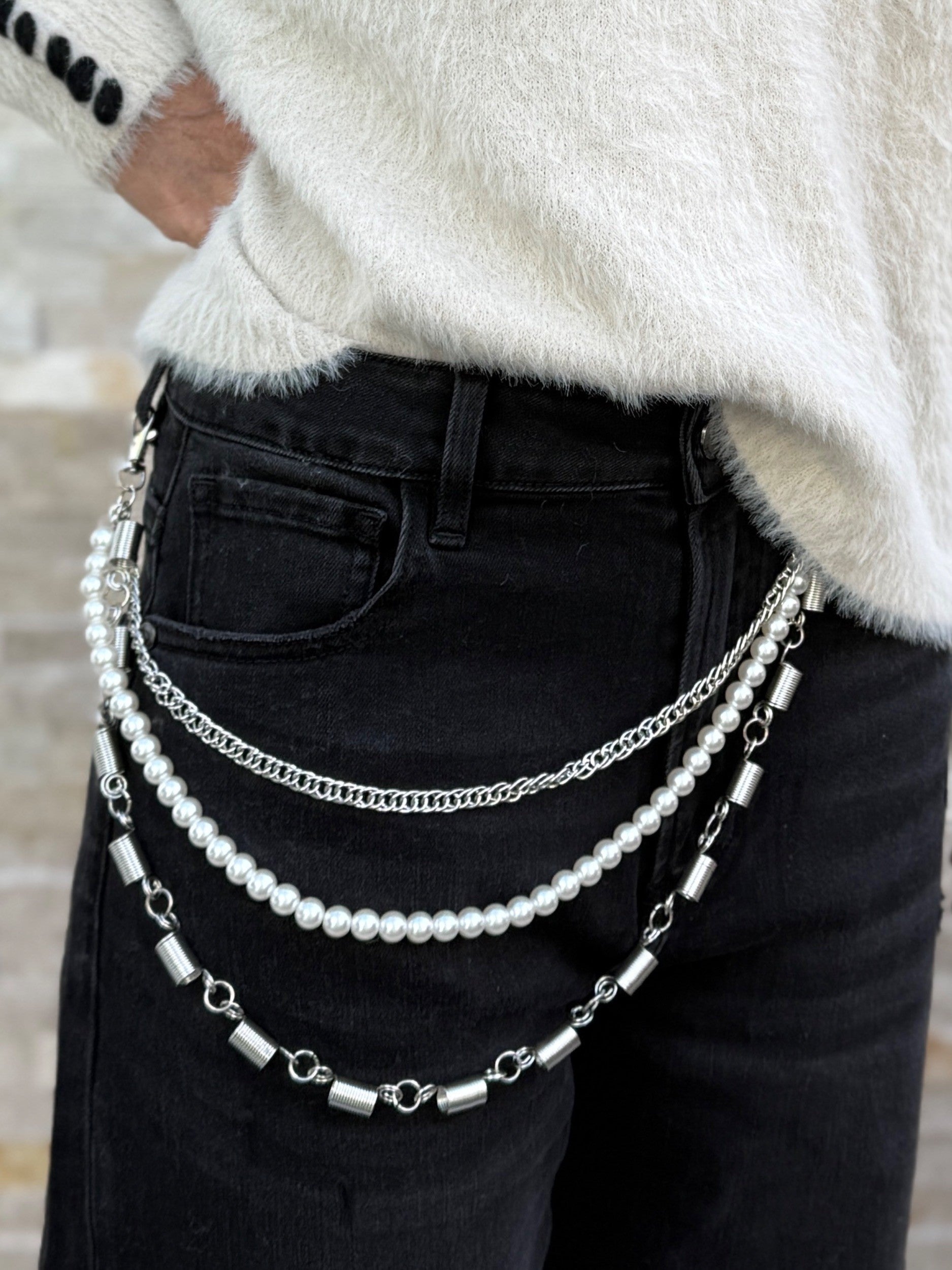 Hosenkette Kette mit Federn und Perlen Silber