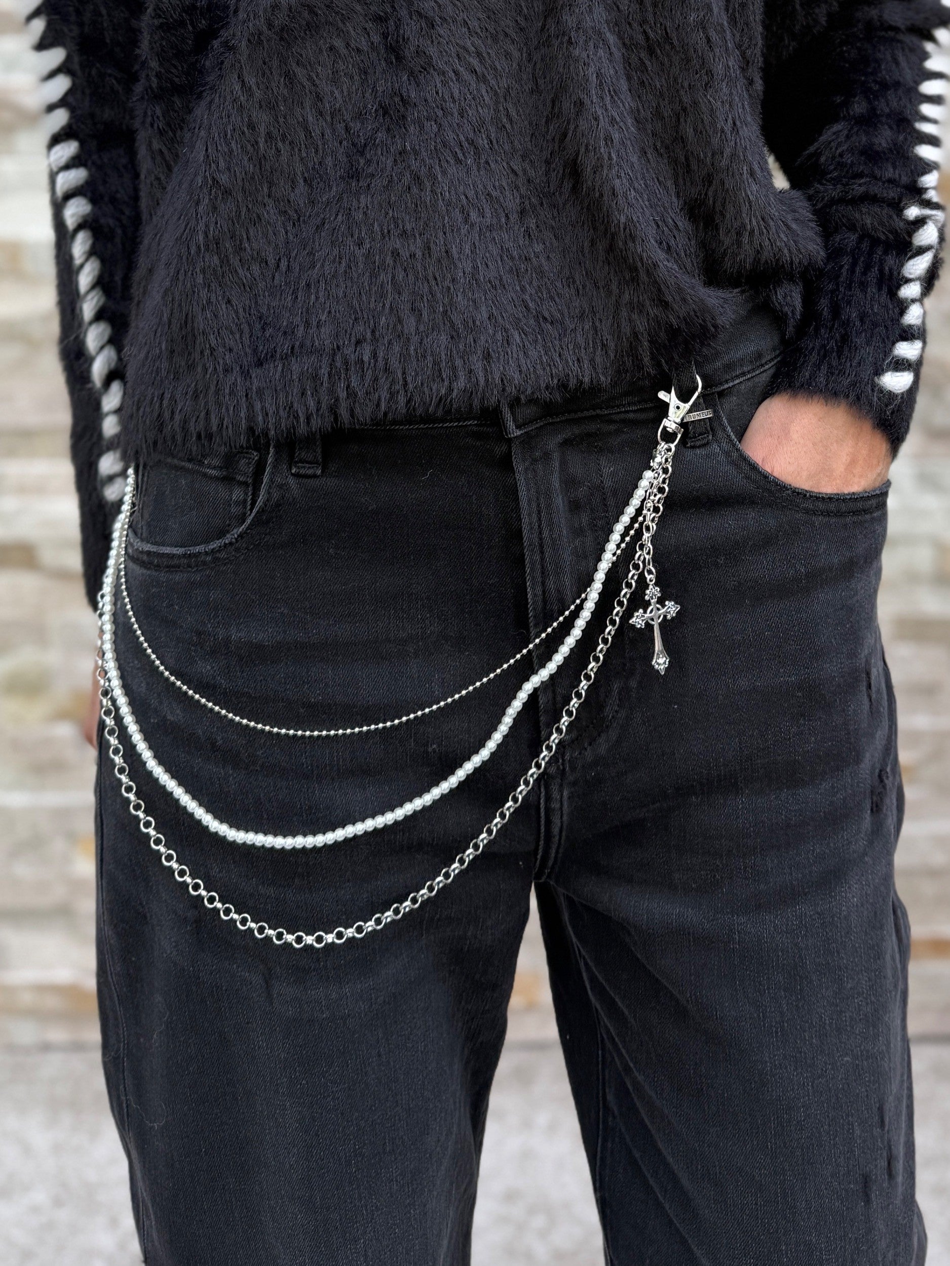 Hosenkette Kreuz und Perlen Silber