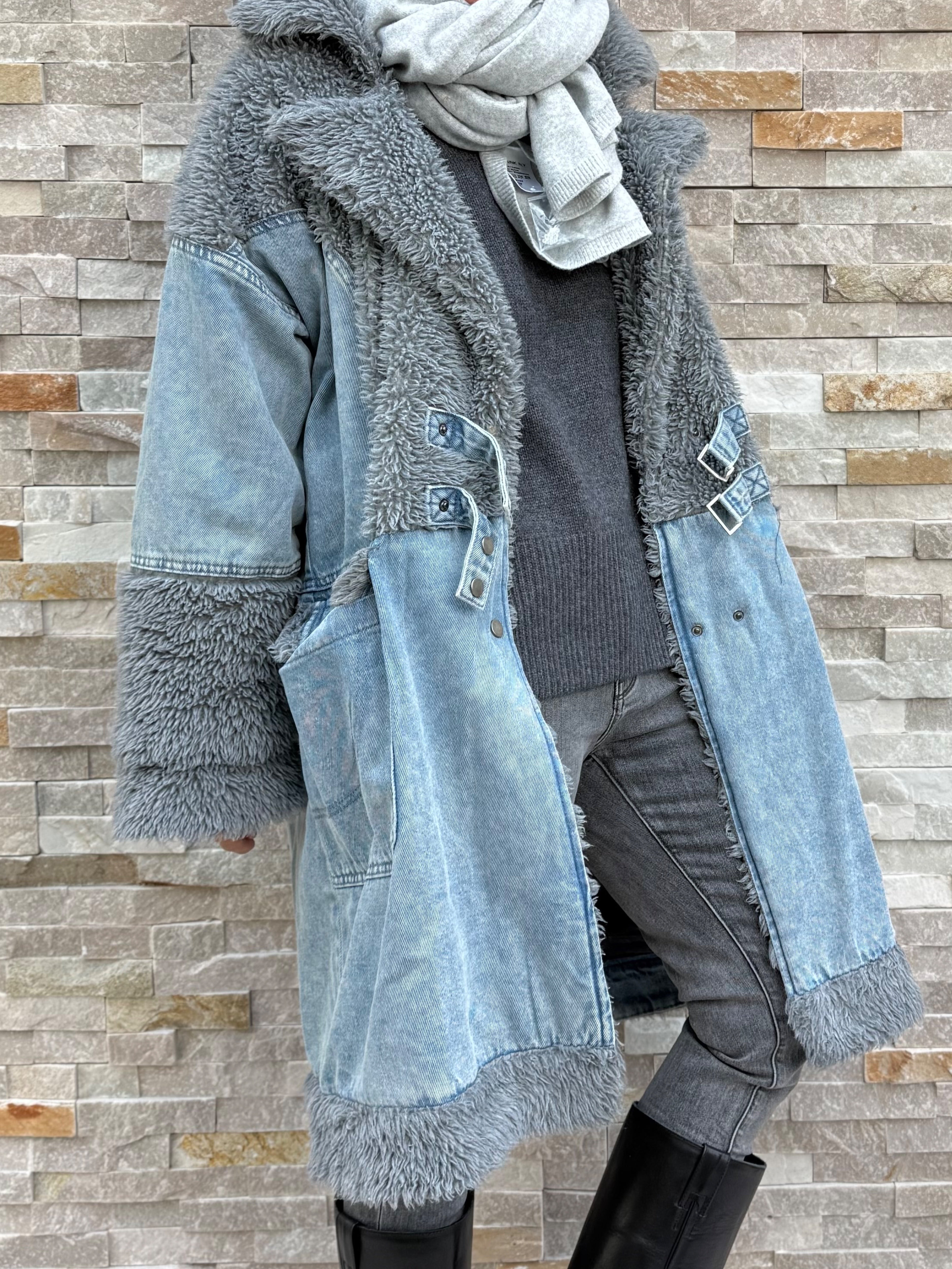 Oversized Jeans Mantel mit Kunstpelz Blue-Grau