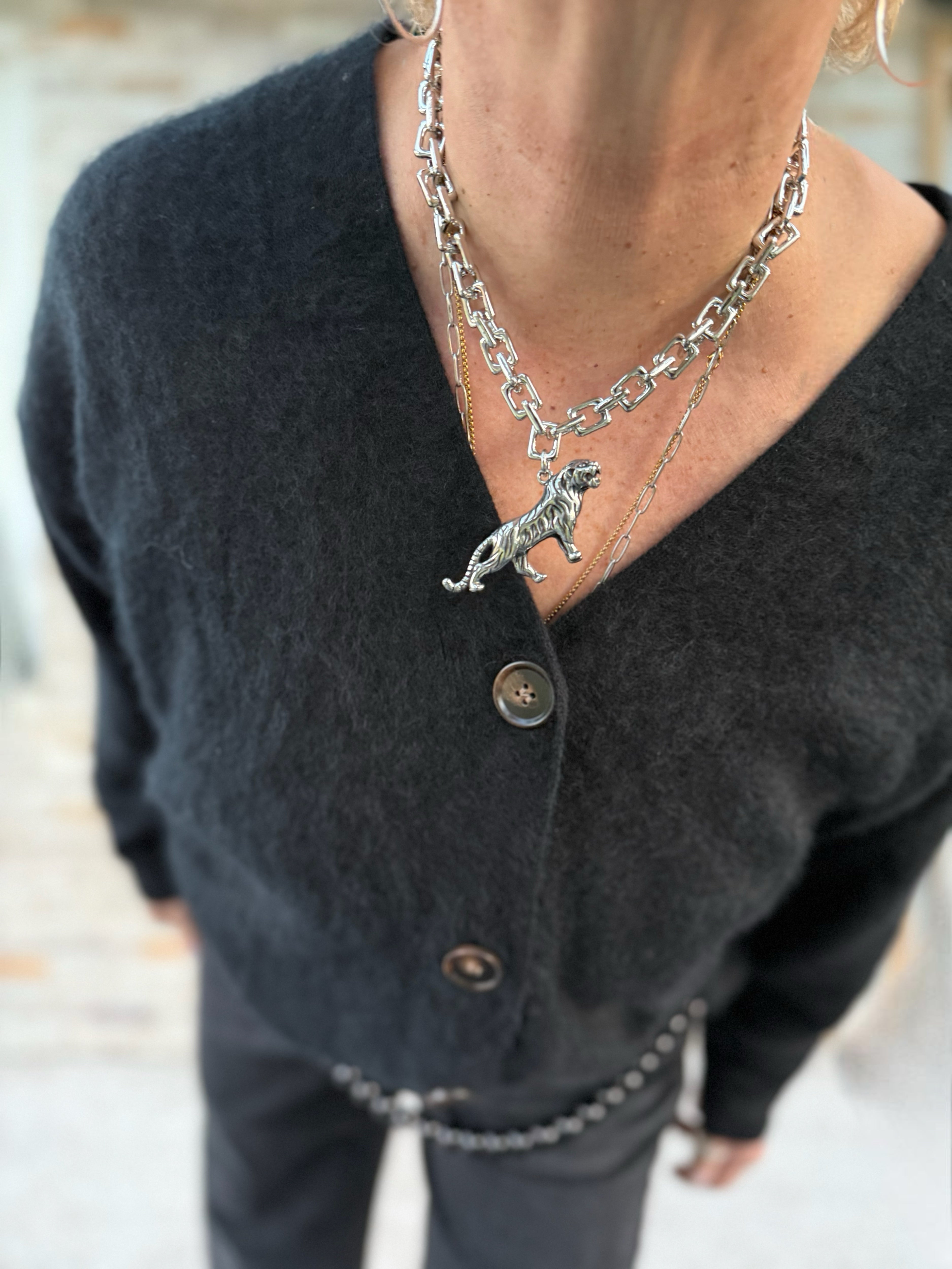 Massive Halskette mit Tiger-Anhänger Silber