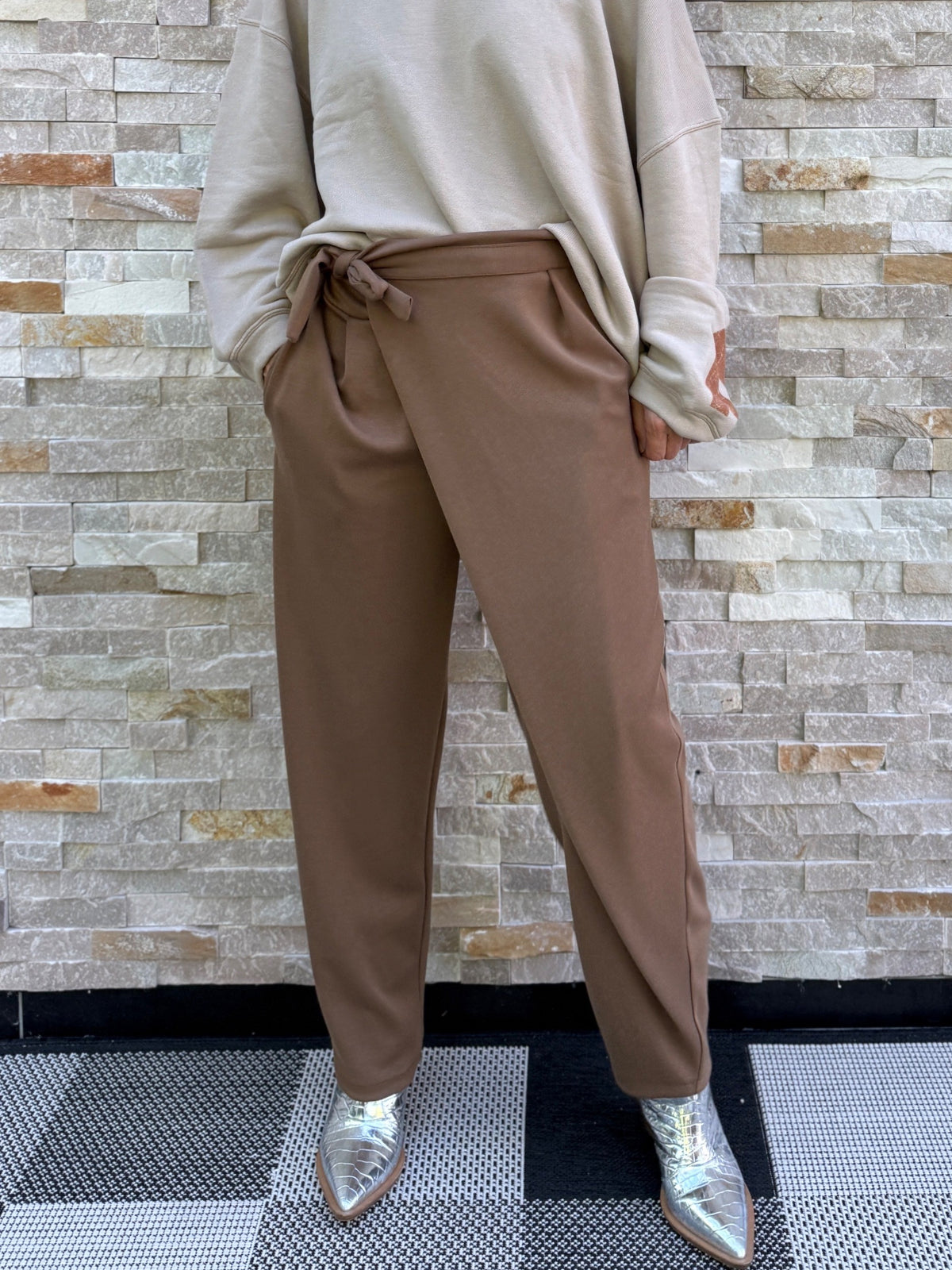 Jersey Hose mit Wickelbund Cognac
