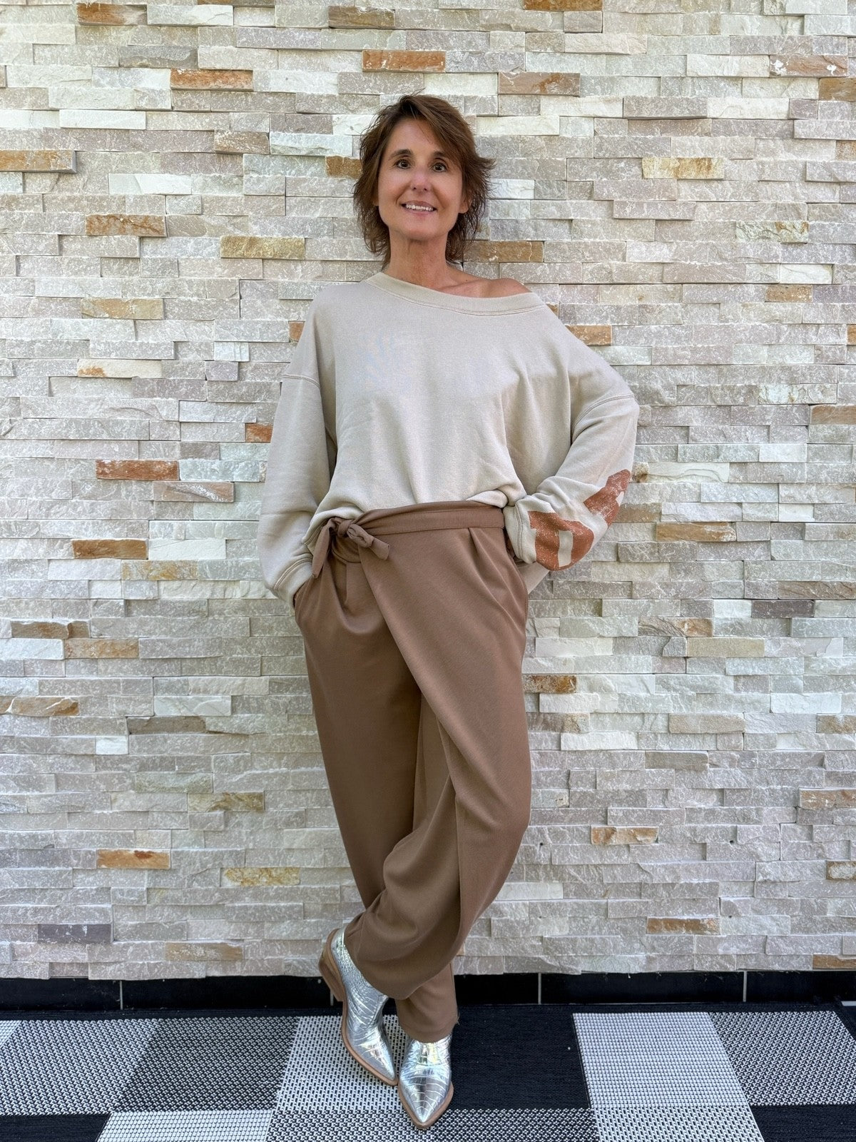 Jersey Hose mit Wickelbund Cognac