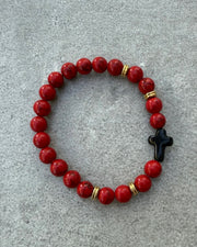 Perlen Armband mit Kreuz Rot-Schwarz-Gold