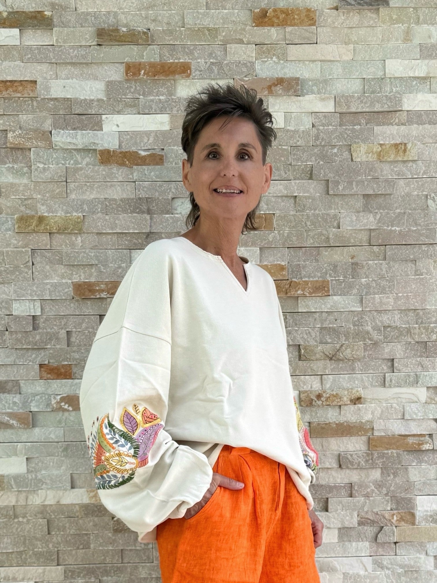 Tunika Sweatshirt Alamosa mit Stickerei in Chalk