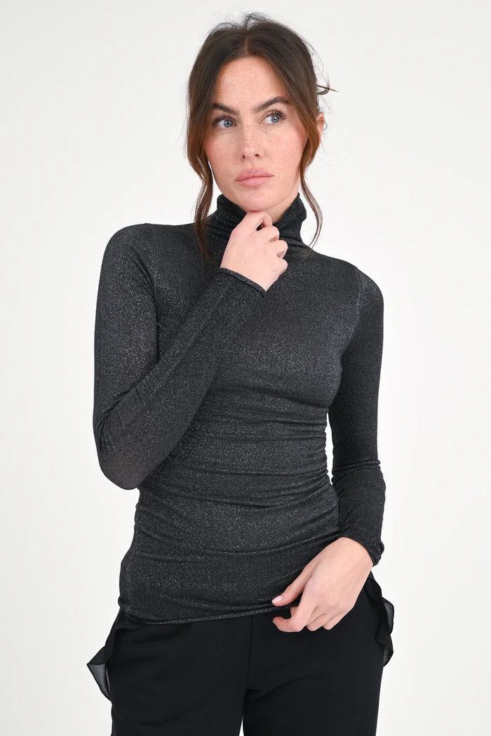 Langarm Lurex Shirt AGENA mit Rollkragen Schwarz
