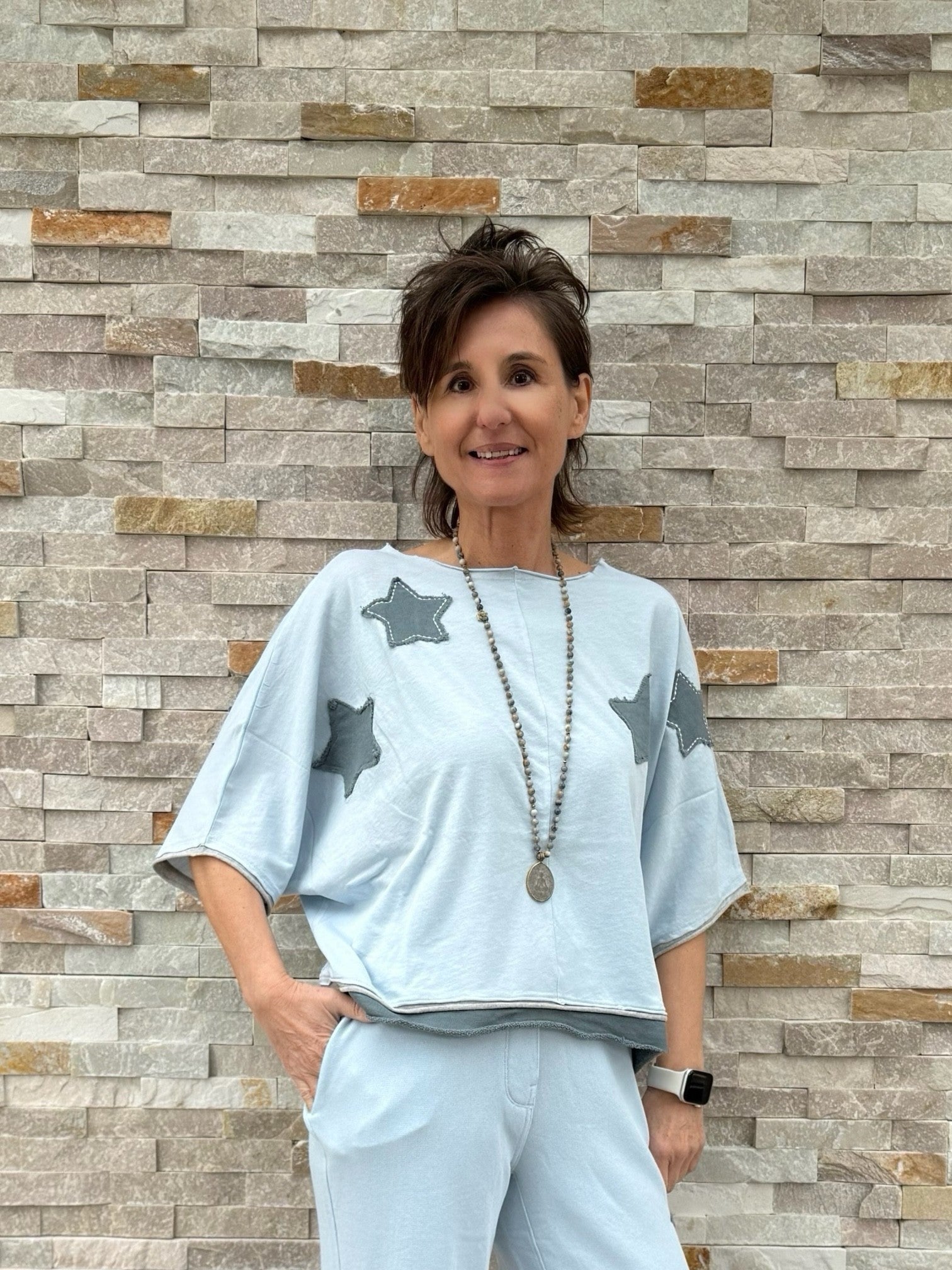 T-Shirt Rumbia Sterne Patch Hellblau - Grau