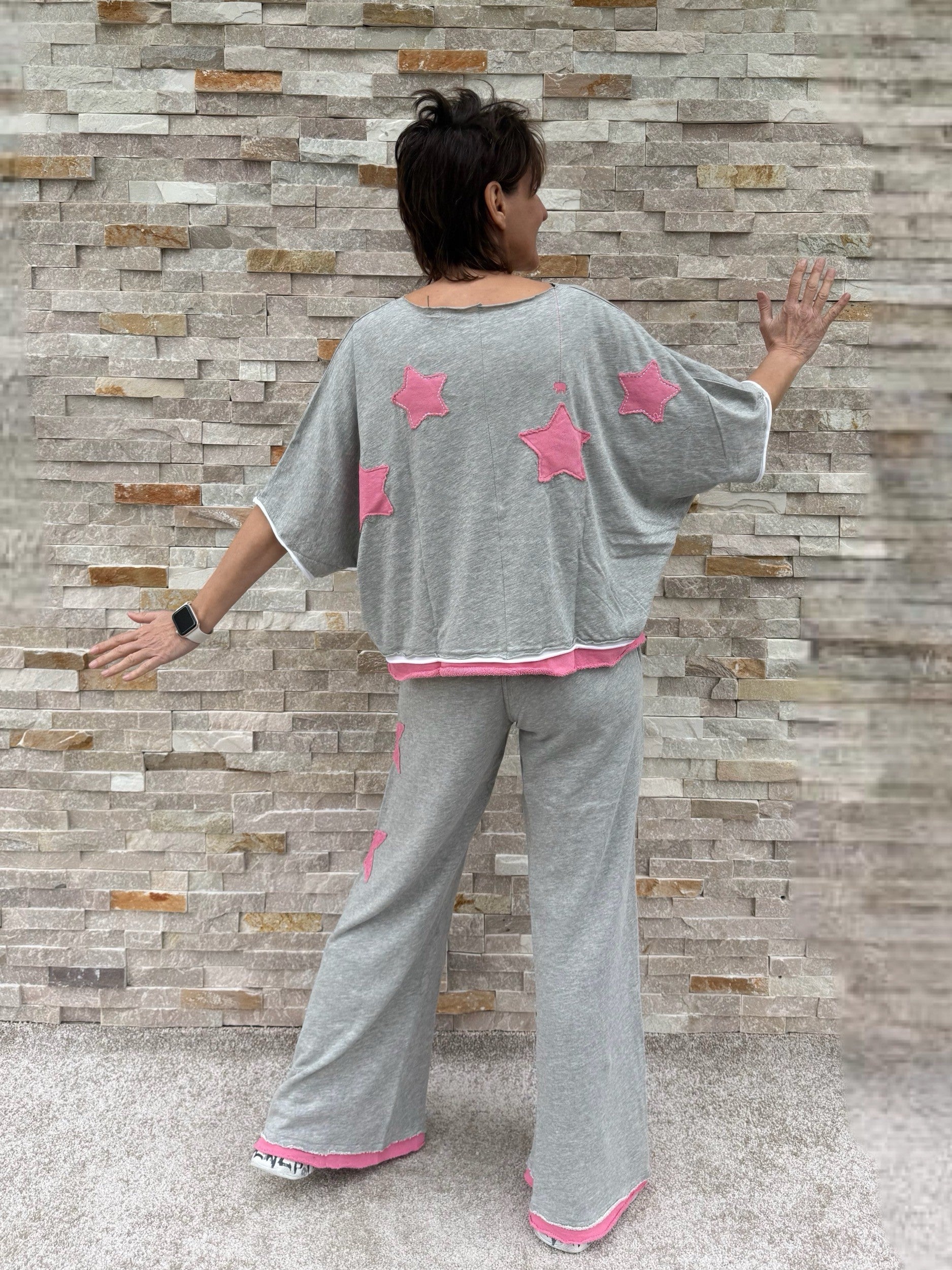 T-Shirt Rumbia Sterne Patch Hellgrau - Pink