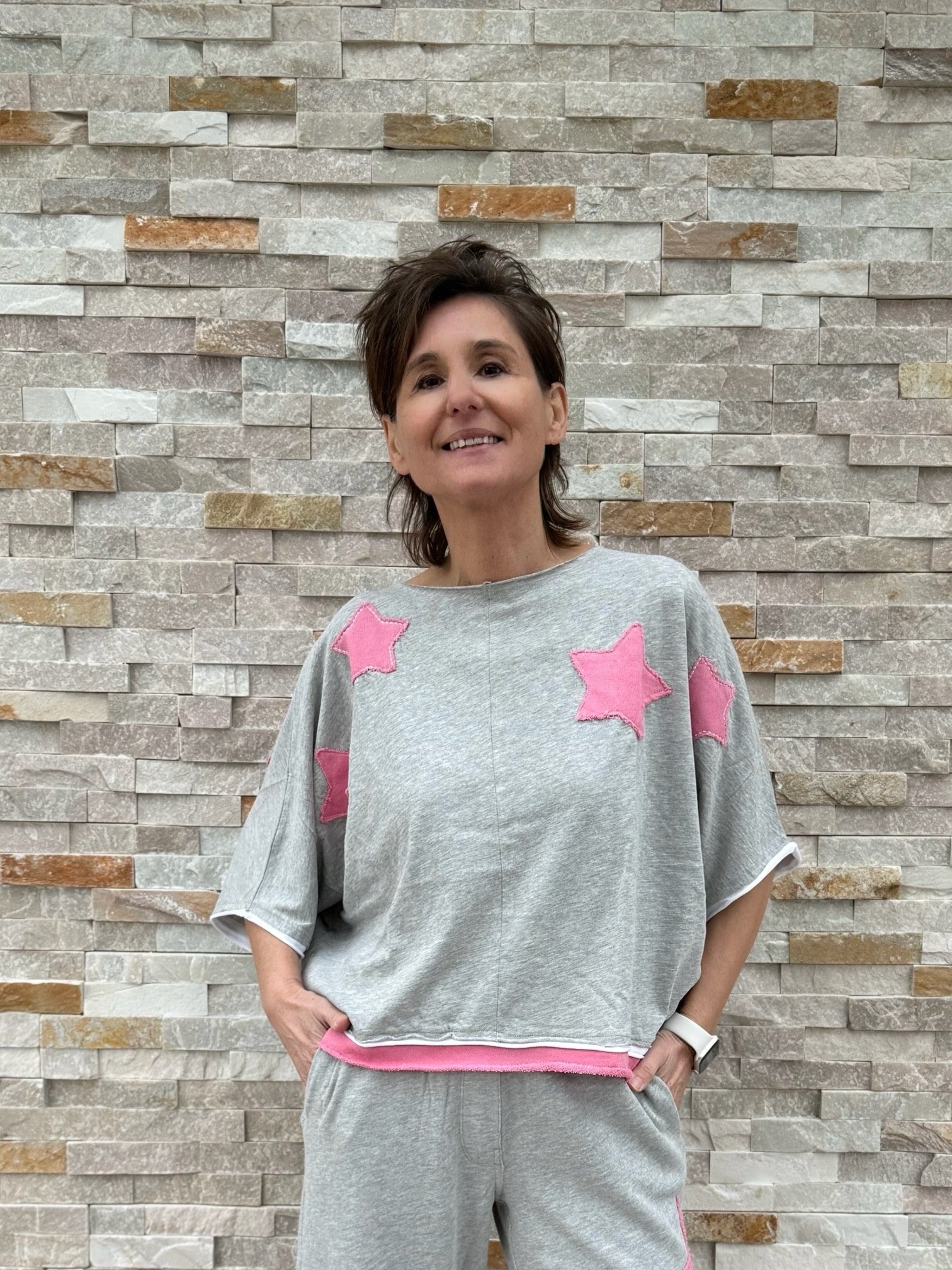 T-Shirt Rumbia Sterne Patch Hellgrau - Pink