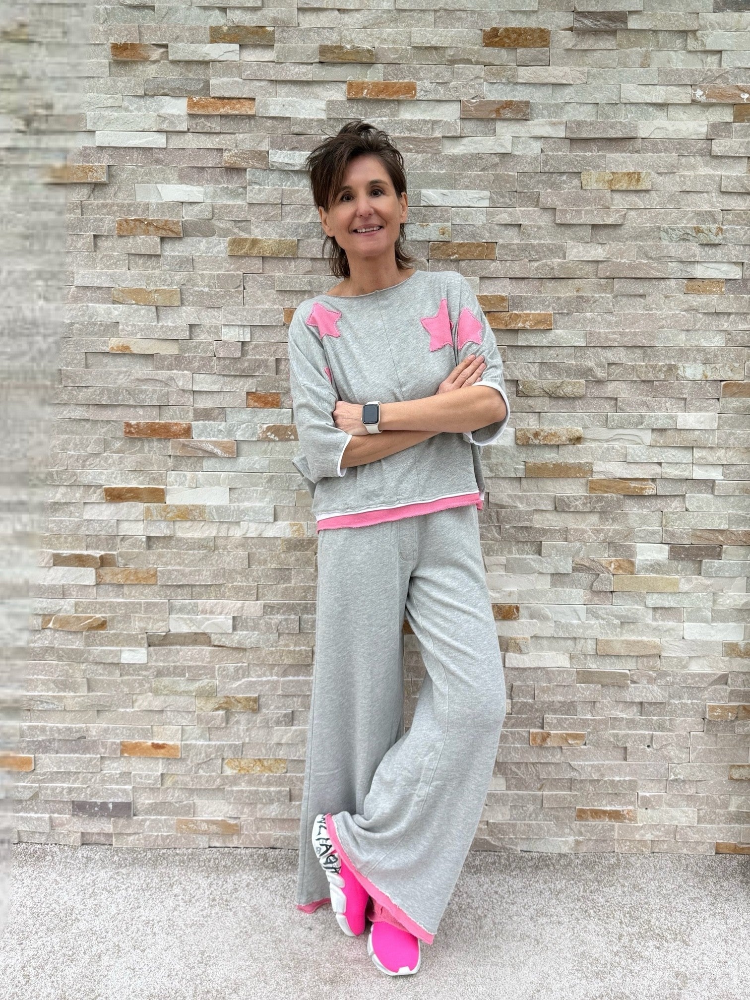 T-Shirt Rumbia Sterne Patch Hellgrau - Pink