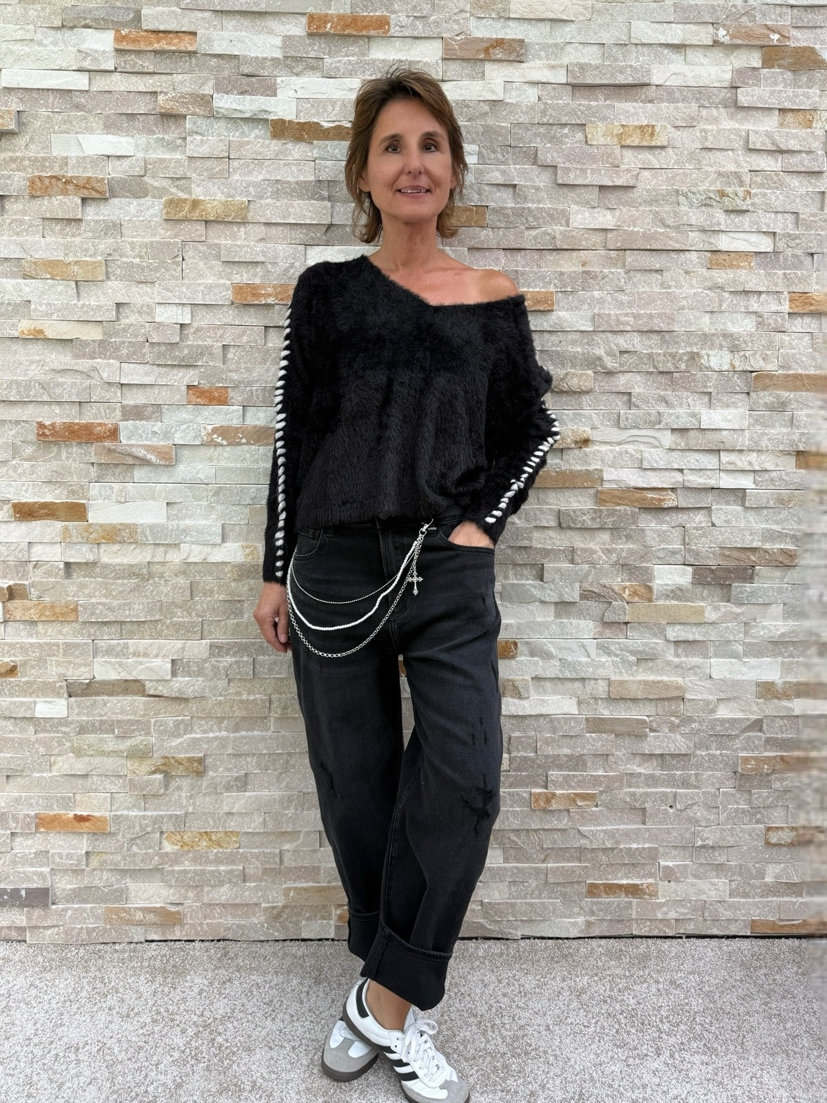 Kuschel Pullover TOULON mit Handstich in Schwarz