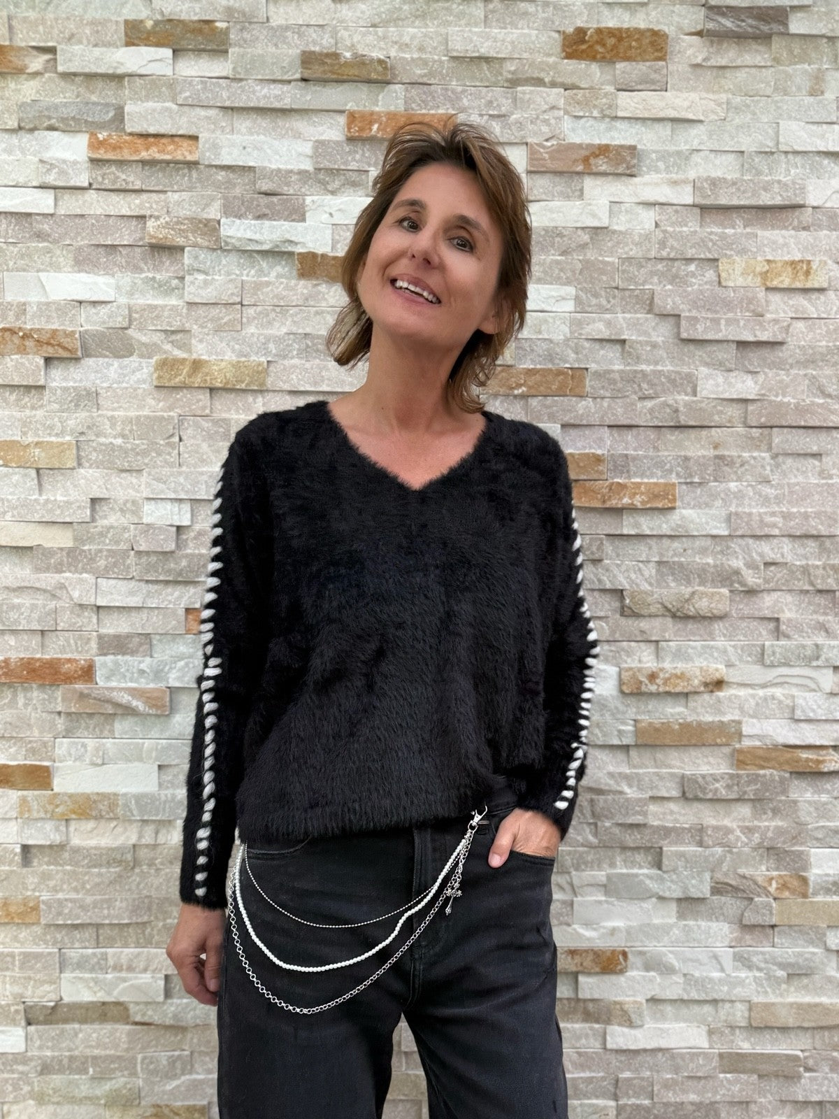 Kuschel Pullover TOULON mit Handstich in Schwarz