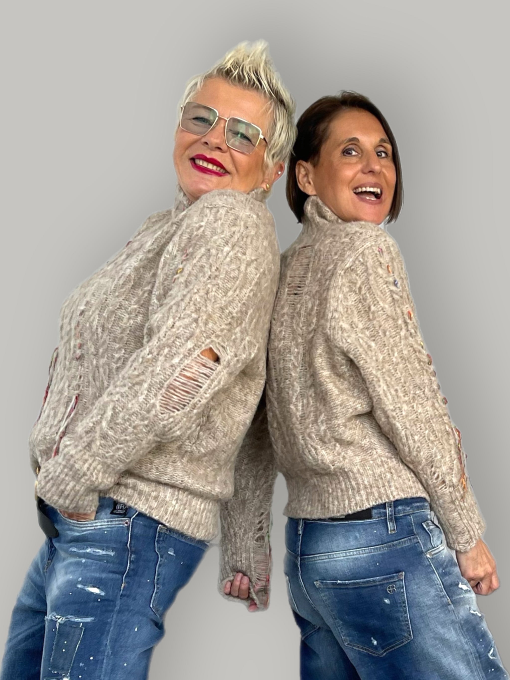 Zopfpullover mit Stehkragen durchgezogenen Bändern Sand