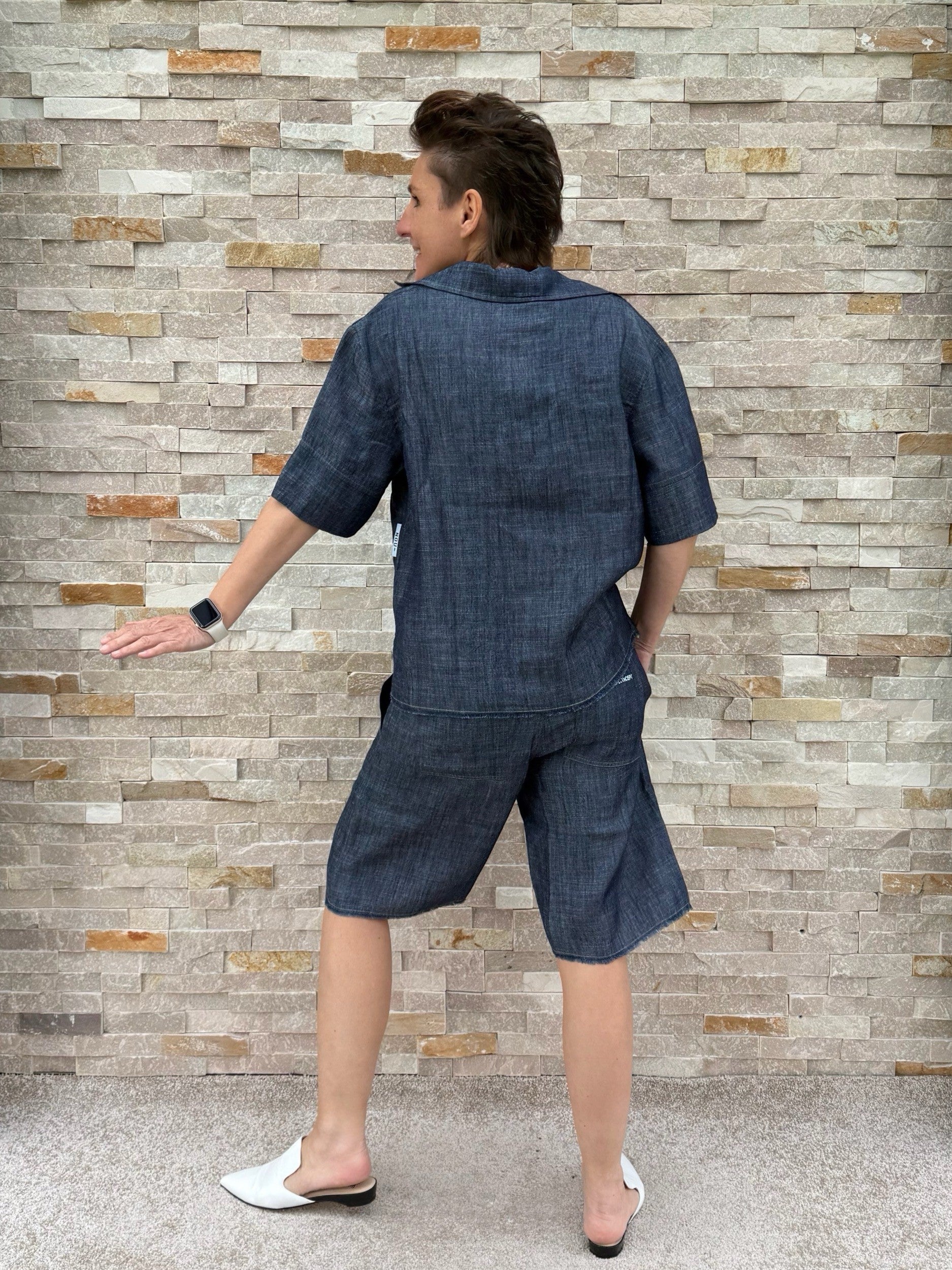 Halbarm Bluse in Denim Optik Navy