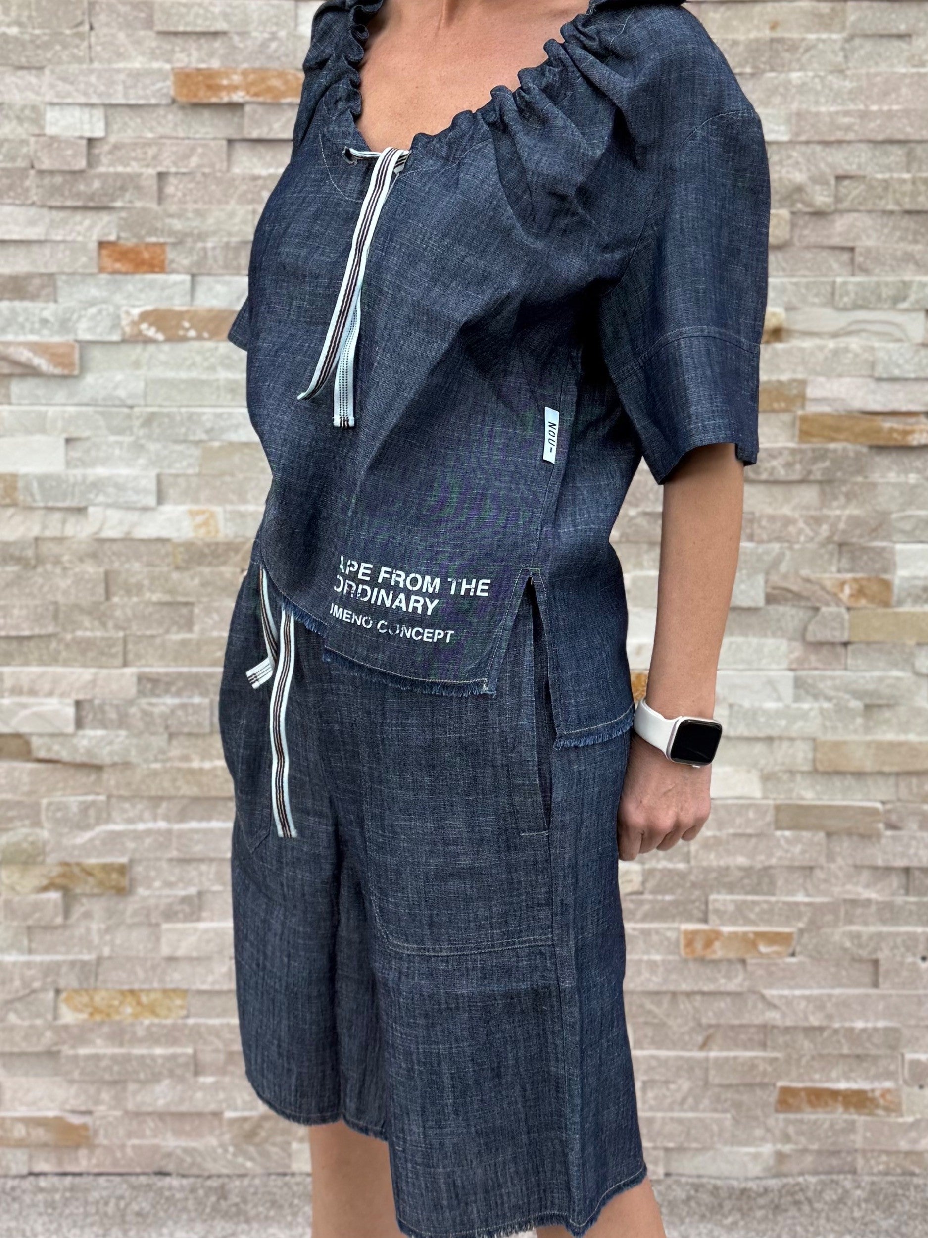 Halbarm Bluse in Denim Optik Navy