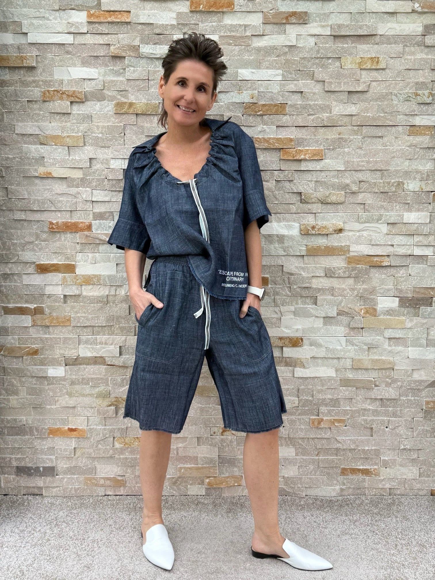 Halbarm Bluse in Denim Optik Navy
