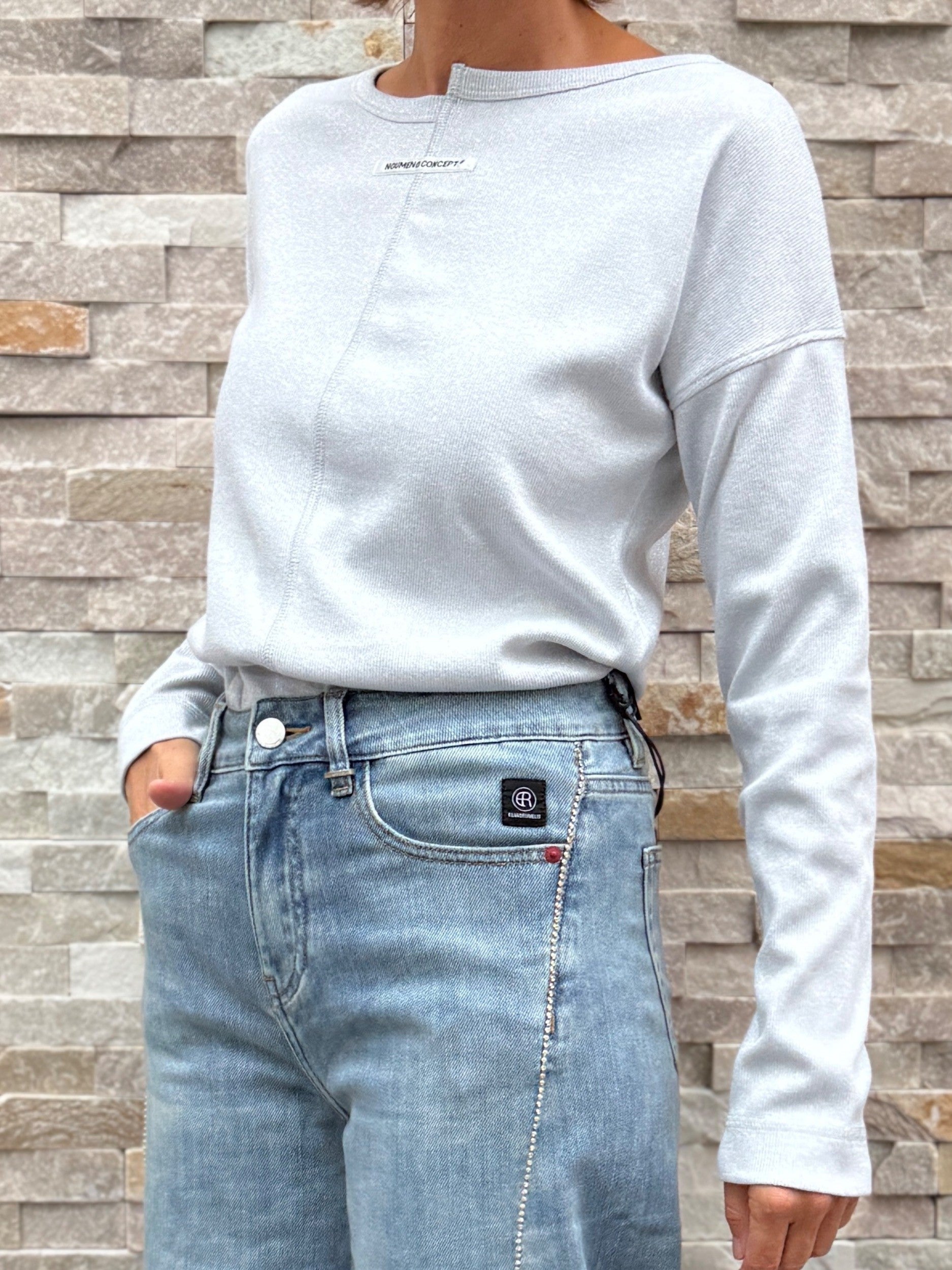 Langarm Lurex T-Shirt Silber
