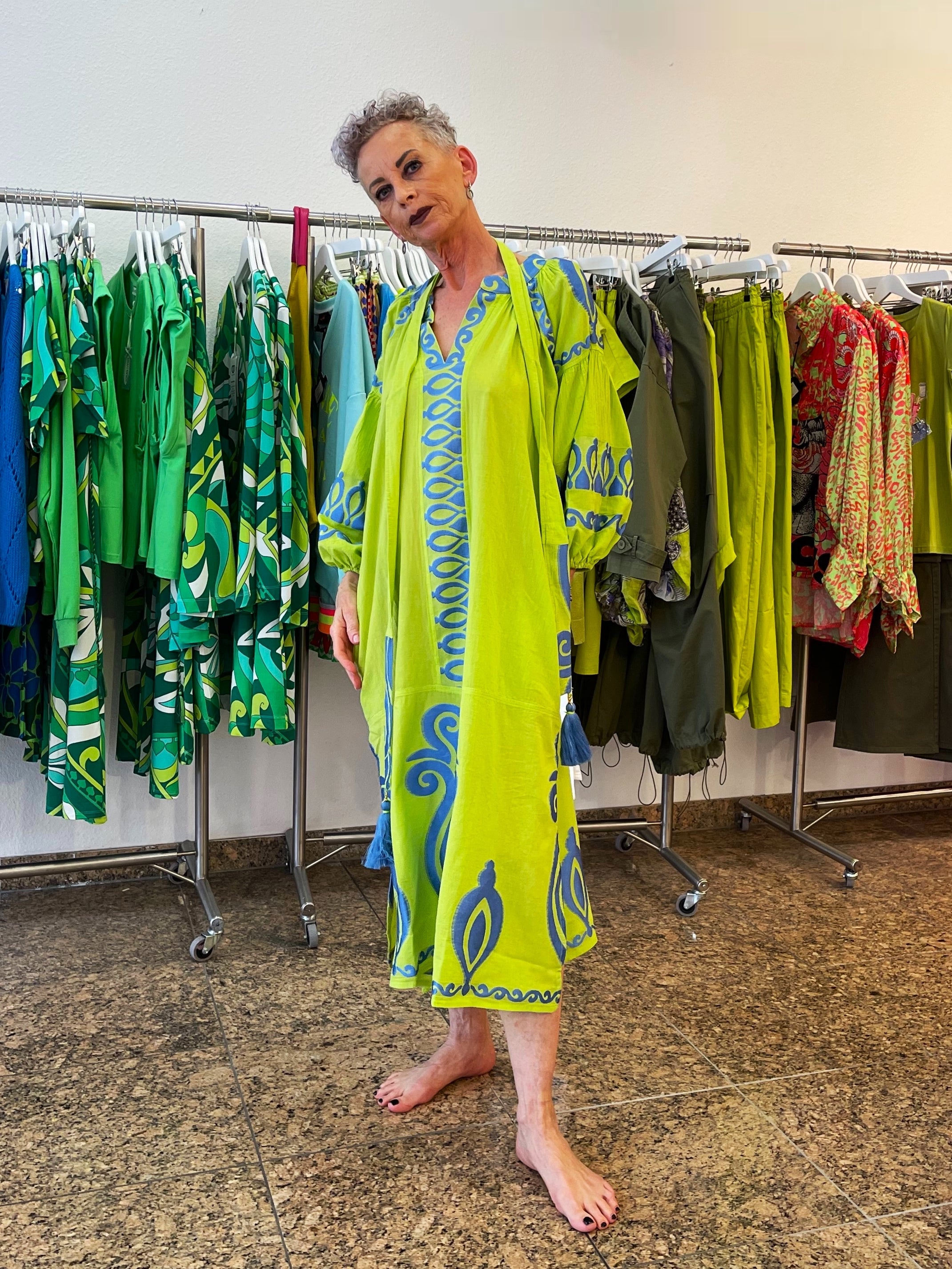 Besticktes Kleid Lime - Blau