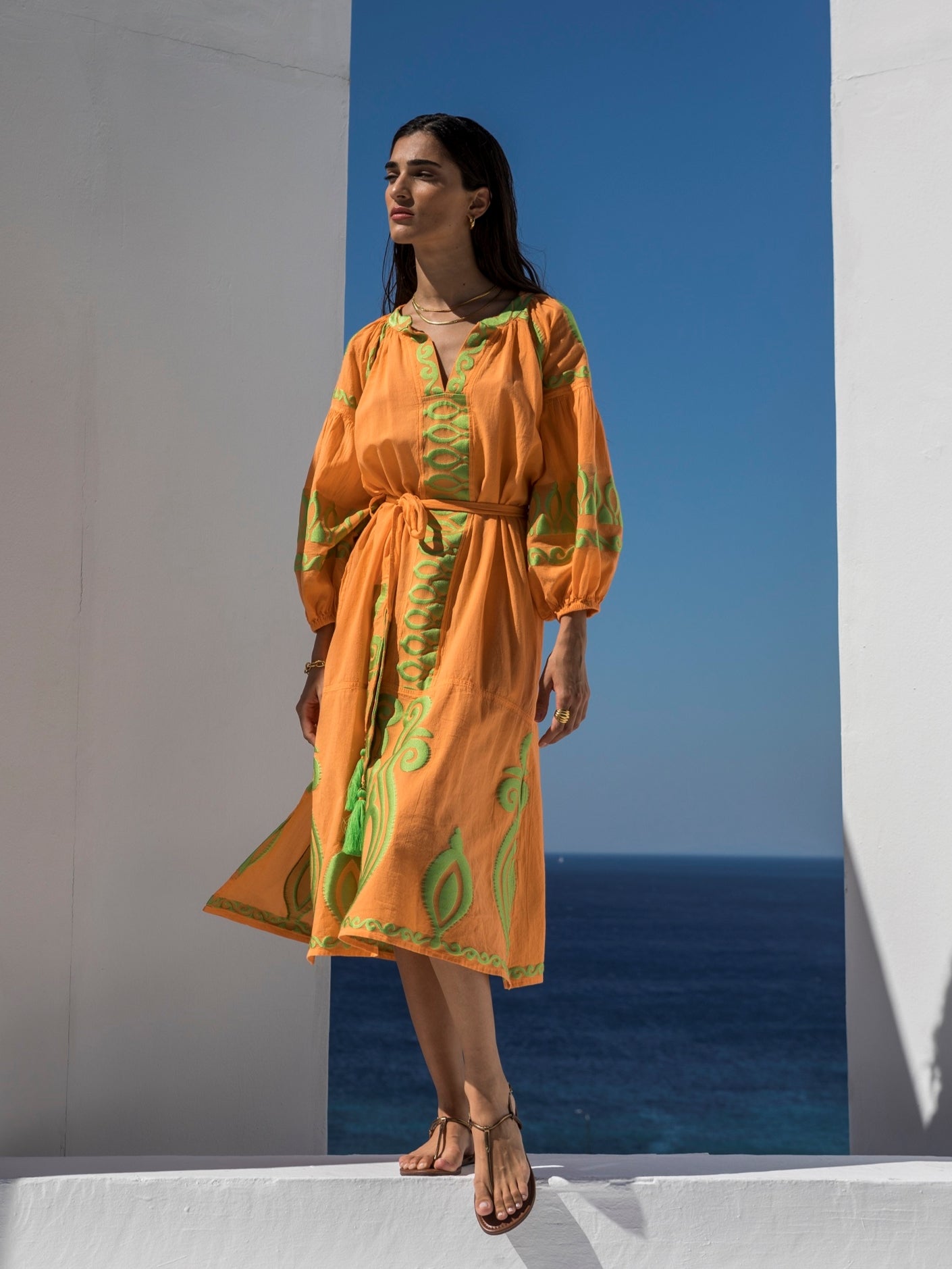 Besticktes Kleid Orange - Lime