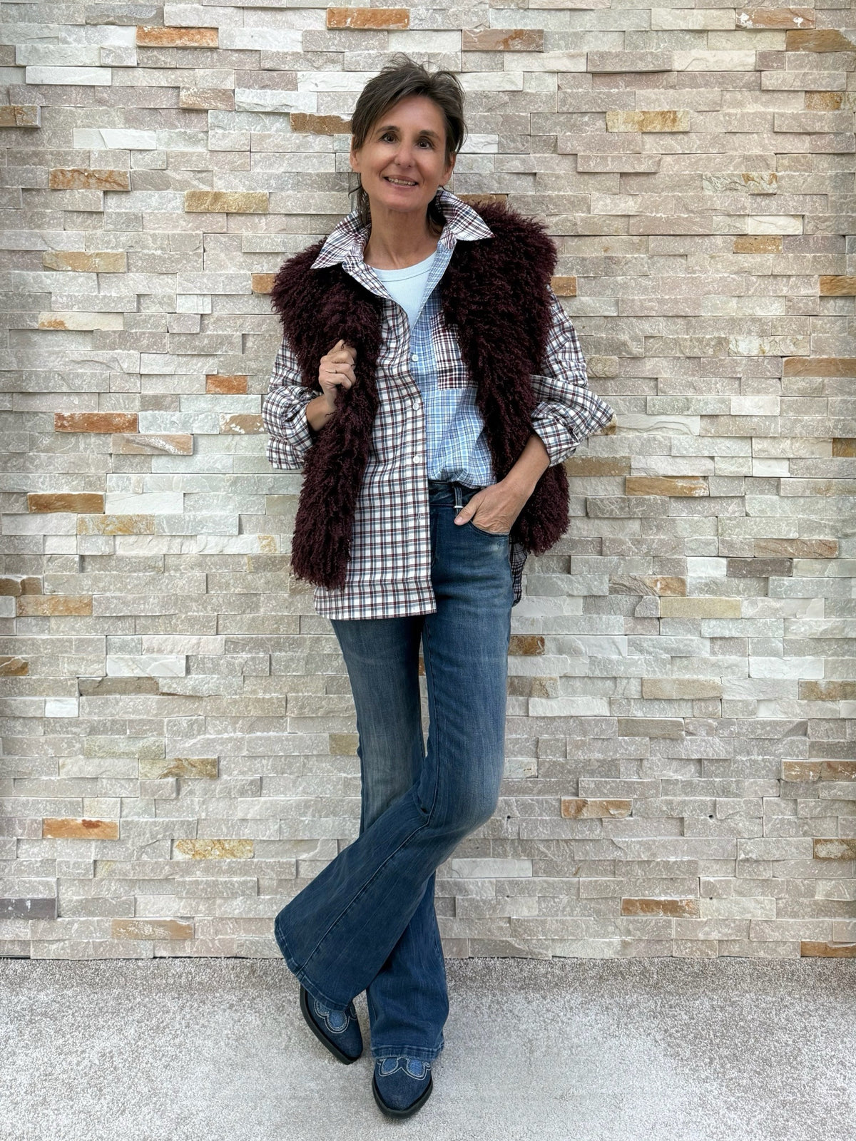 Hemd Bluse Karo Patchwork Bordeaux- Blue